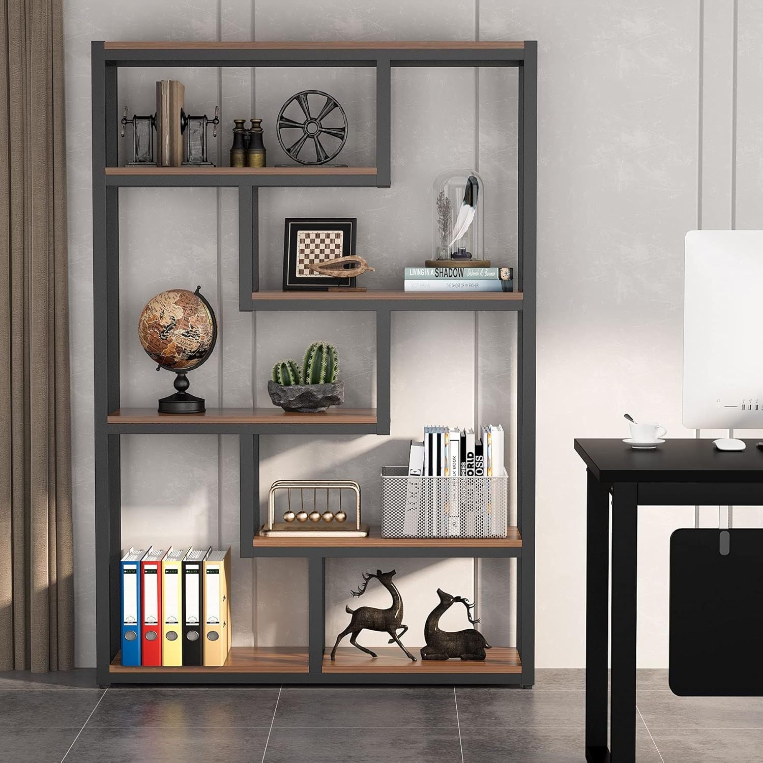 6-Shelf Modern Bookcase with Staggered Shelves & Sturdy Metal Frame - 69" Tall Hardwood & Engineered Wood Storage Shelf, Brown Finish Open Back Design for Living Room, Office, Bedroom - Easy Assembly, Bookshelf Decor, Versati House Of Avana