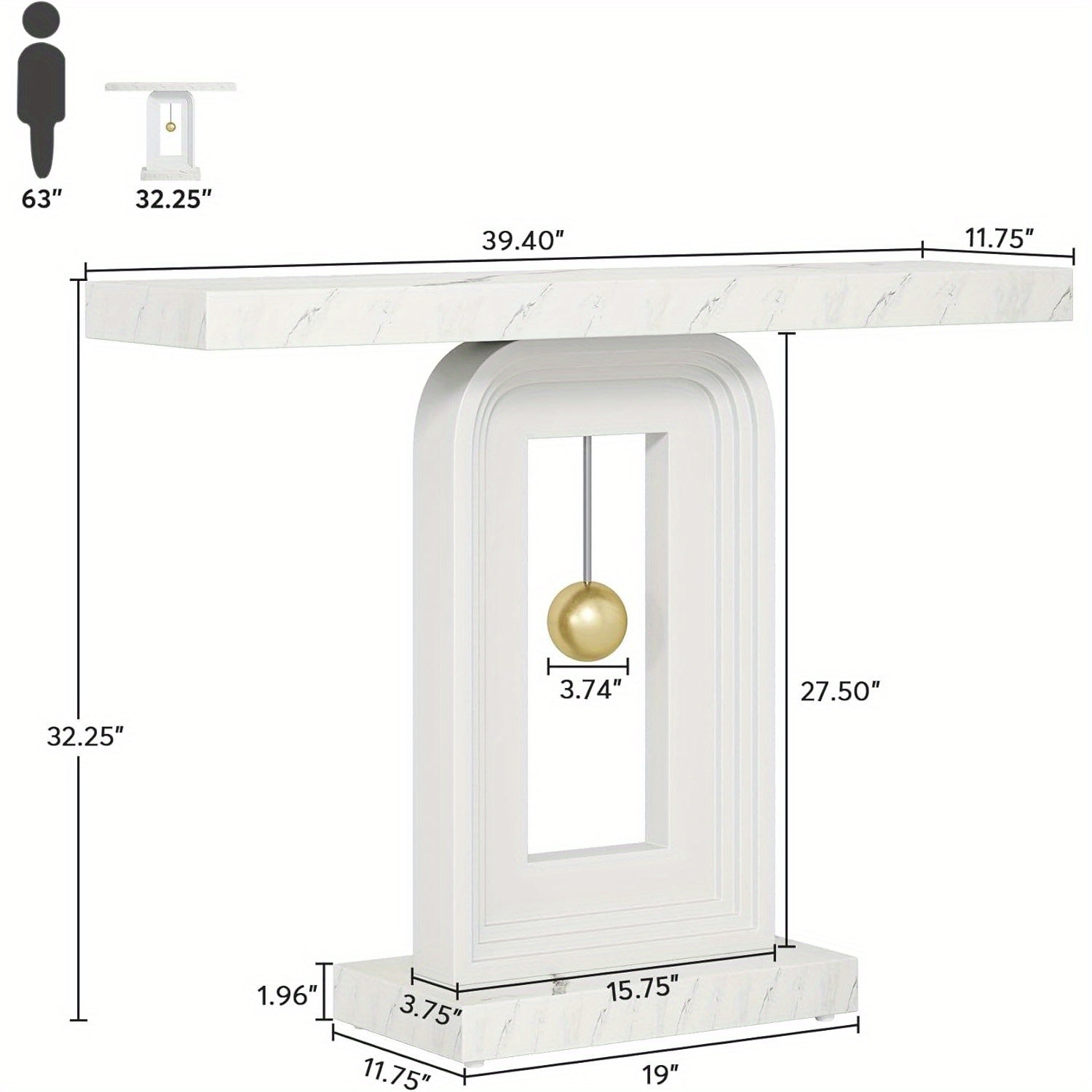 40" Modern Console Table with Geometric Base & Faux Marble Top, Narrow Sofa Entryway Table for Living Room, Hallway, or Entrance, Durable MDF Board Construction, Minimalist Design, White Gloss Finish, Living Room Table House Of Avana