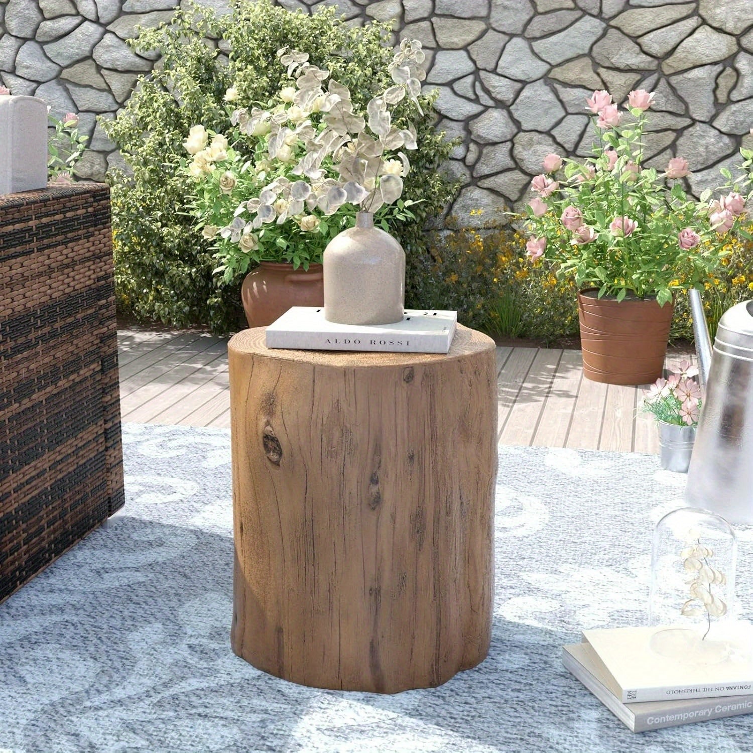 All-Weather Outdoor Stump Side Table - Multi-Functional Brown Faux Wood Accent Table with Concrete Top & Artificial Wood Base, 220lb Weight Capacity, Lightweight & Sturdy Modern Farmhouse Design for Patio, Porch, Balcony, Liv House Of Avana