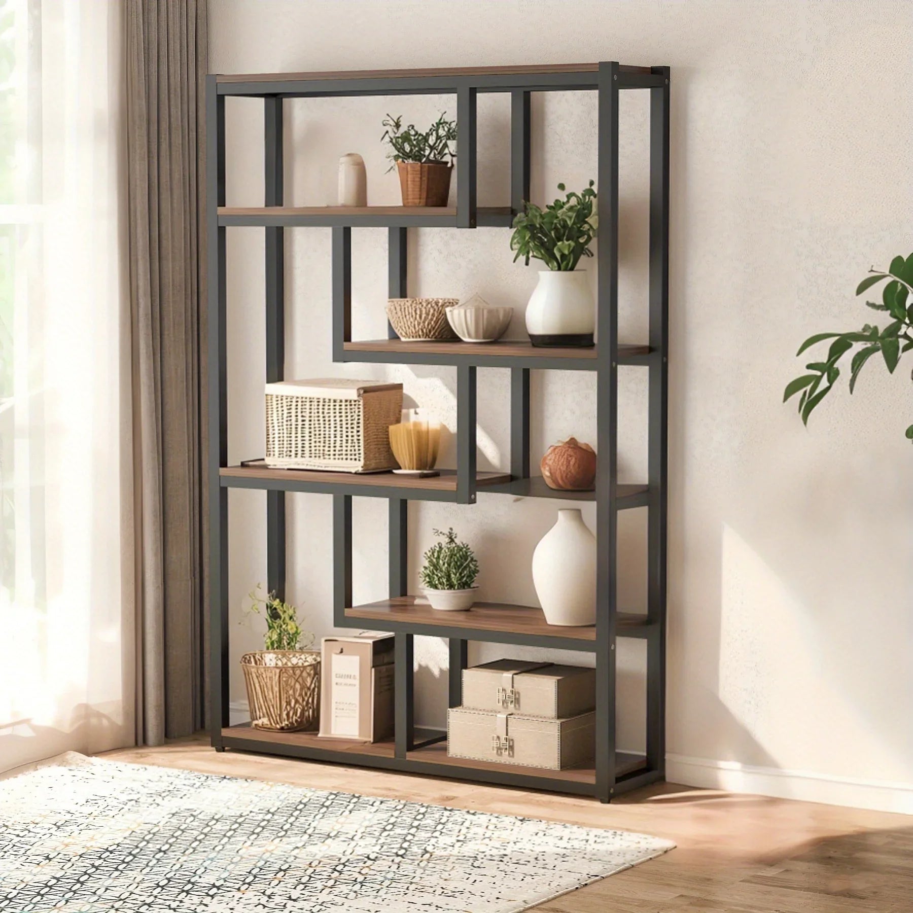 6-Shelf Modern Bookcase with Staggered Shelves & Sturdy Metal Frame - 69" Tall Hardwood & Engineered Wood Storage Shelf, Brown Finish Open Back Design for Living Room, Office, Bedroom - Easy Assembly, Bookshelf Decor, Versati House Of Avana