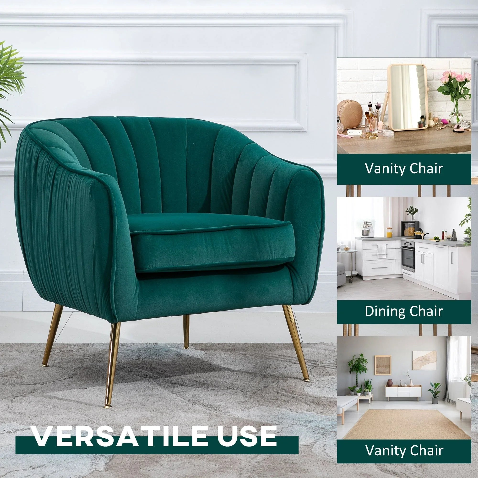 Velvet Tub chair, Luxury Accent Chair with Golden Metal Leg, Comfy Upholstered Armchair with Thick Padded Seat for Living Room, Green House Of Avana