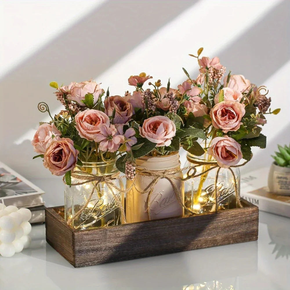 potted plant table centerpieces 3 Pcs Mason Jar Centerpiece Table Decorations with Wood Tray and Led Light