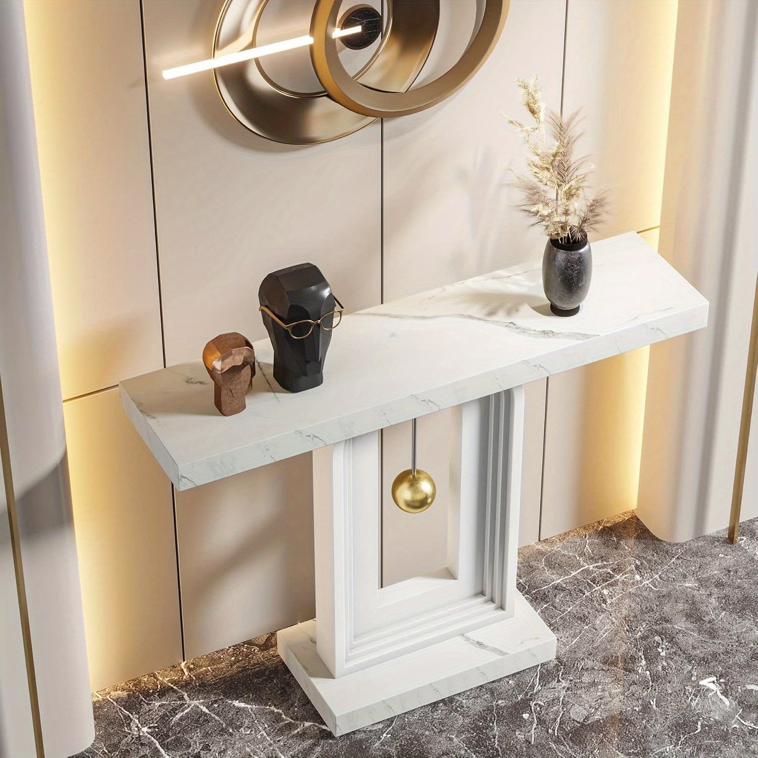 40" Modern Console Table with Geometric Base & Faux Marble Top, Narrow Sofa Entryway Table for Living Room, Hallway, or Entrance, Durable MDF Board Construction, Minimalist Design, White Gloss Finish, Living Room Table House Of Avana