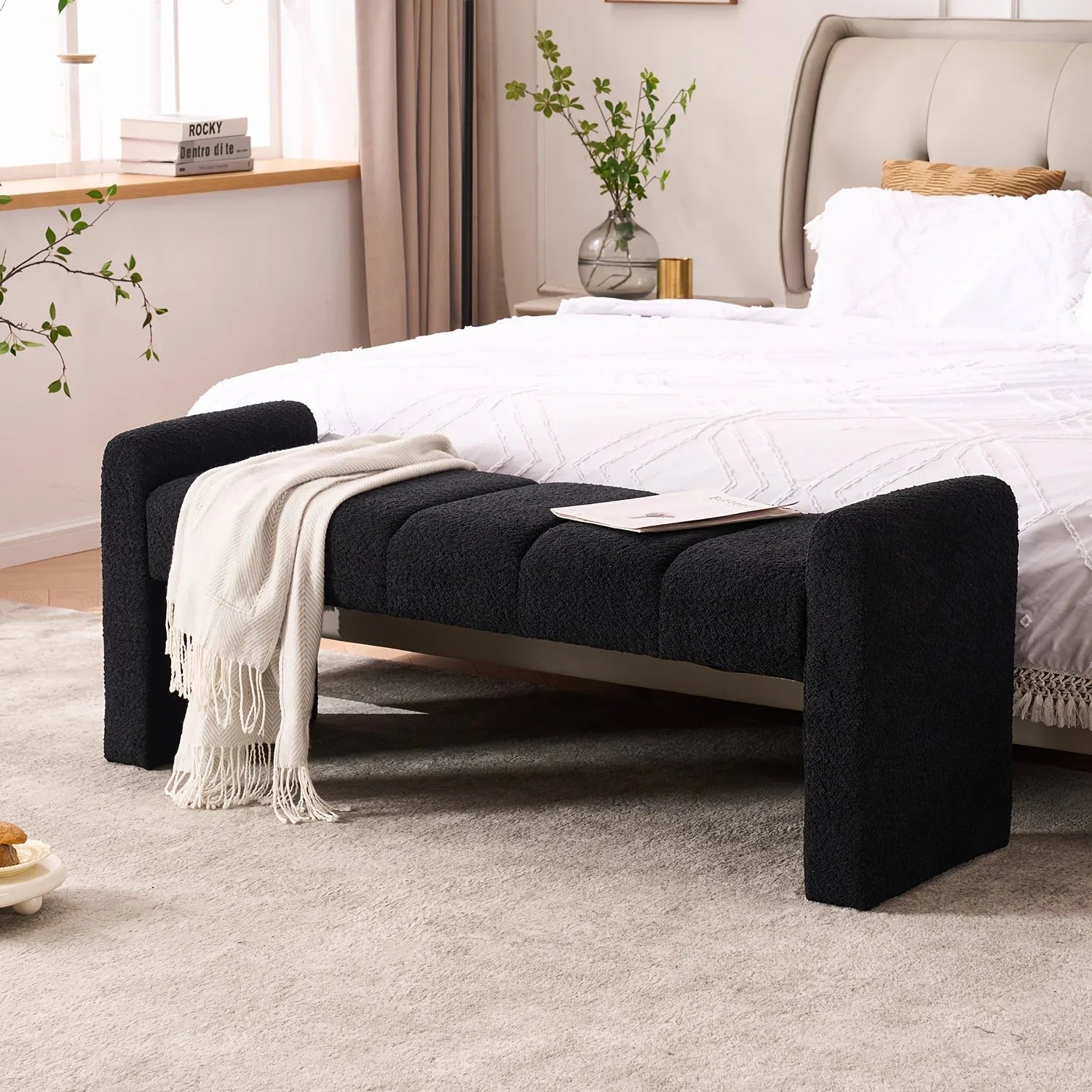Modern Boucle End of Bed Bench - Extra Long 54" Bedroom Ottoman with Arm, Sturdy Hardwood Frame, Space-Saving Design for Living Room, Hallway, Bedroom - No Assembly Required, Matte Black Finish, Bench for Bedroom, Cozy Seatin House Of Avana