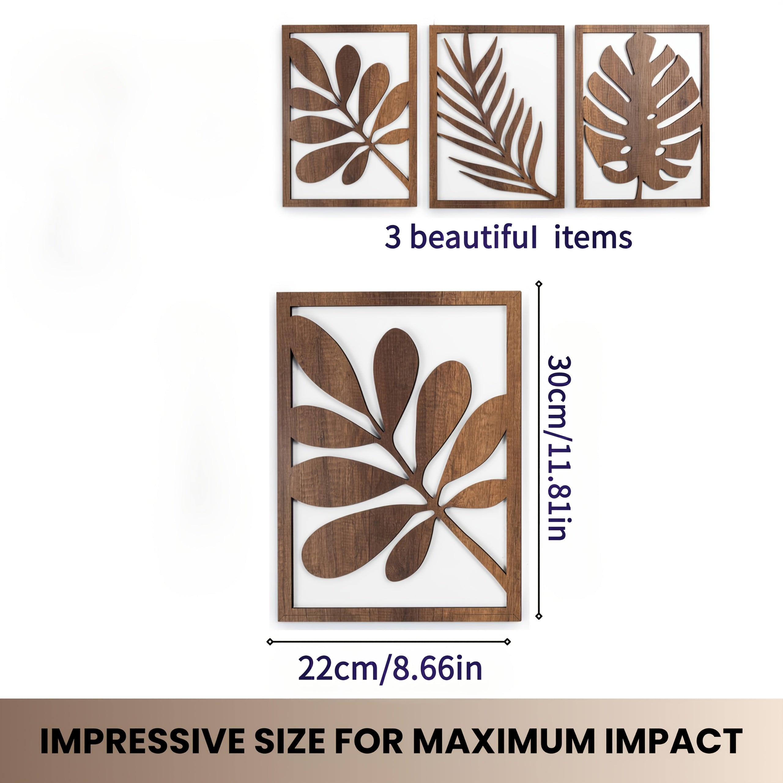 2D Flat, Set of 3 Rustic Flat Wall Sculptures - Wooden Turtleback Bamboo Palm Leaves Wall Hanging Decoration, Rectangular Wall Decor Wooden Crafts - Vintage Home Decor Large Leaf Wall Arts for Living Room, Bedroom, and Office House Of Avana