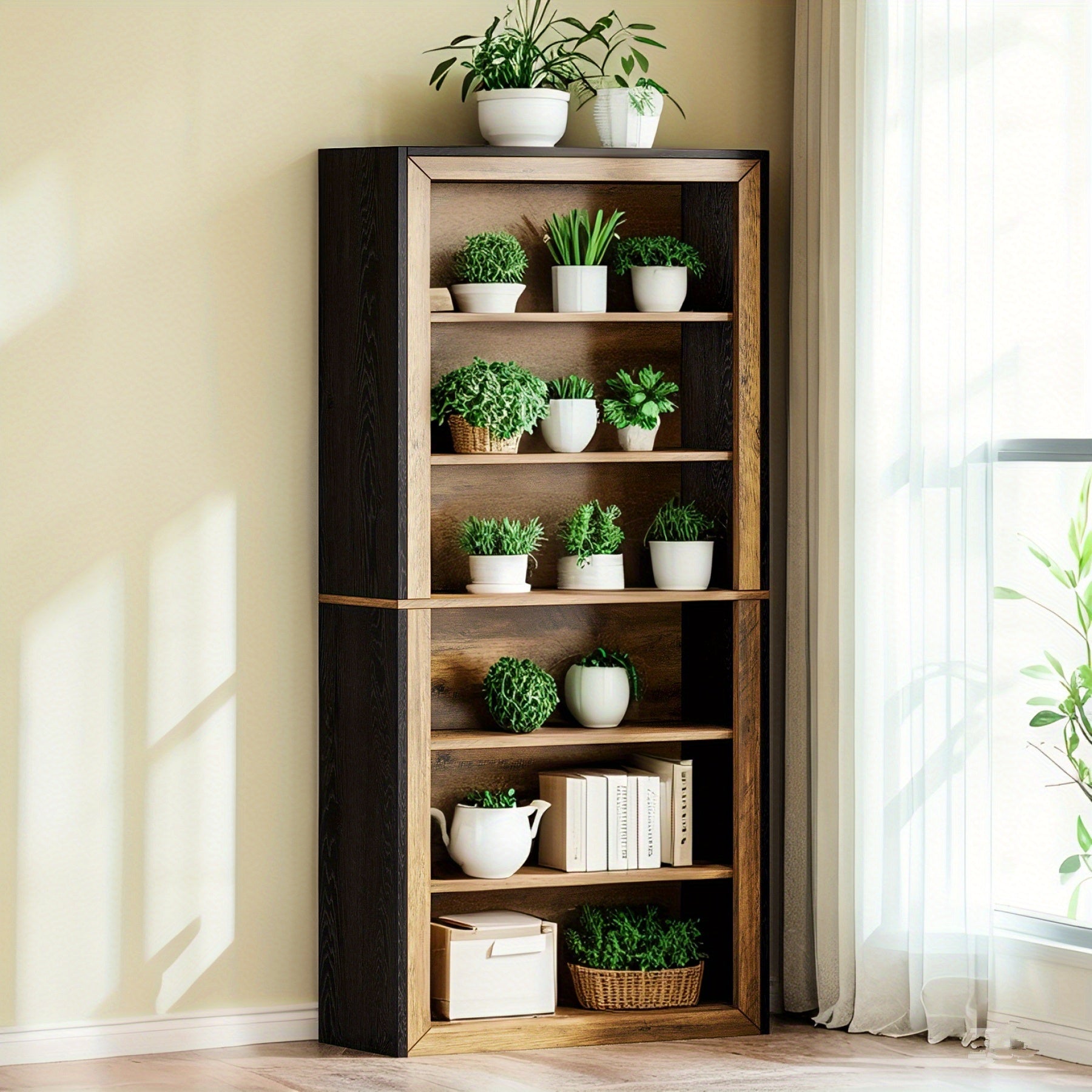 7-Tier Rustic Wood Bookshelf - 74.4" Tall Vintage Open Shelf Display Rack, Slim Space-Saving Design with Mixed Brown & Black Tones, Multi-Purpose Storage for Living Room, Home Office, Bedroom - Easy Assembly, Durable MDF & Re House Of Avana