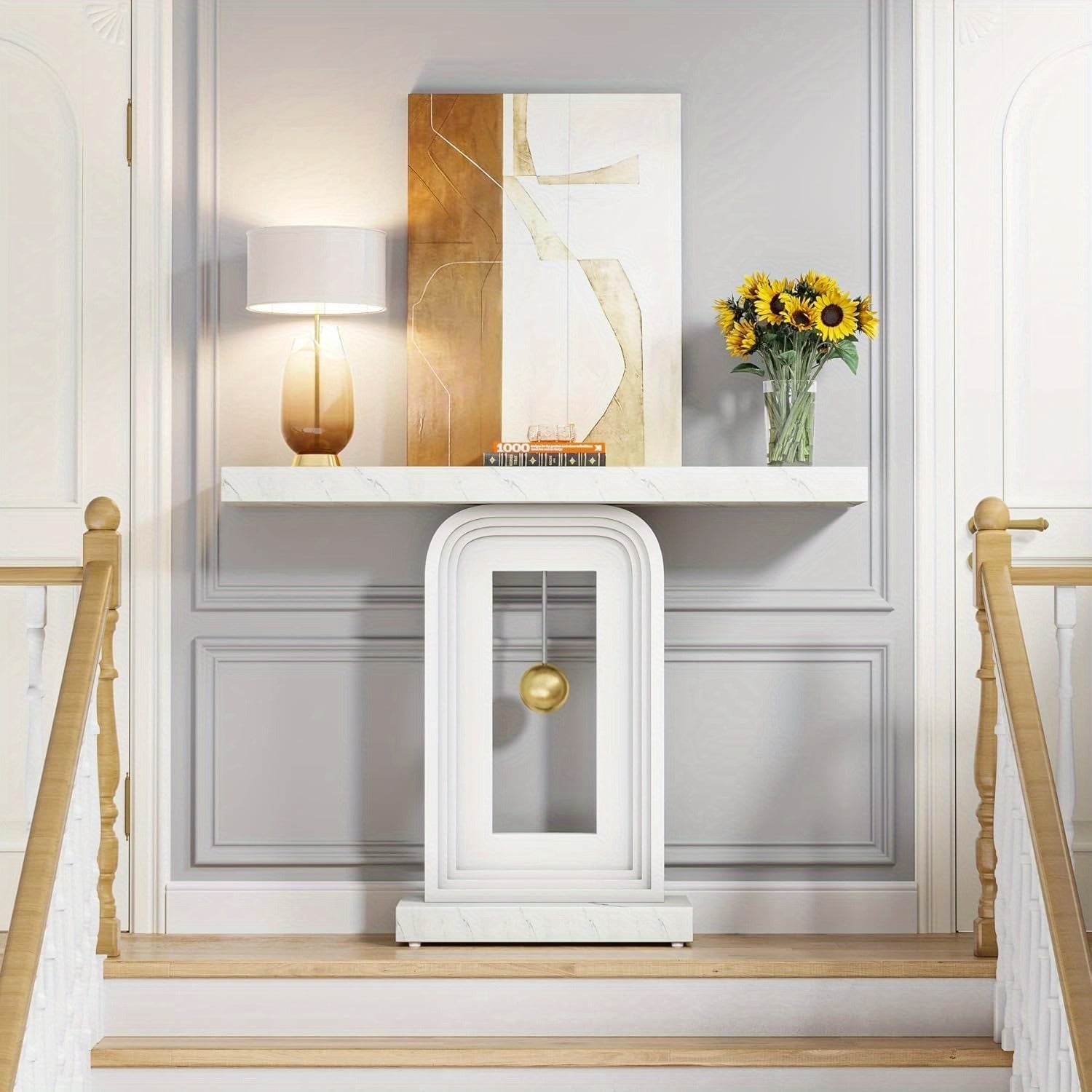 40" Modern Console Table with Geometric Base & Faux Marble Top, Narrow Sofa Entryway Table for Living Room, Hallway, or Entrance, Durable MDF Board Construction, Minimalist Design, White Gloss Finish, Living Room Table House Of Avana