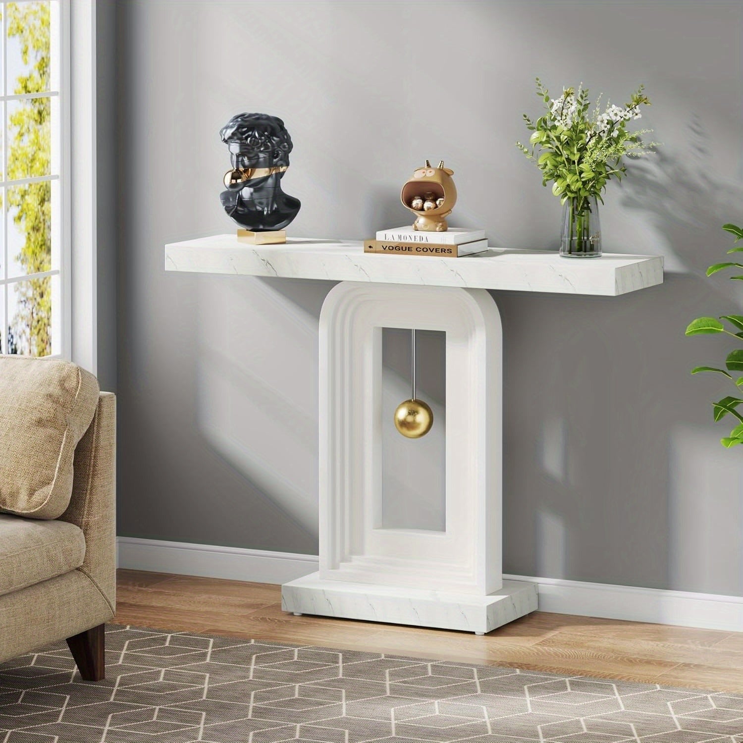 40" Modern Console Table with Geometric Base & Faux Marble Top, Narrow Sofa Entryway Table for Living Room, Hallway, or Entrance, Durable MDF Board Construction, Minimalist Design, White Gloss Finish, Living Room Table House Of Avana