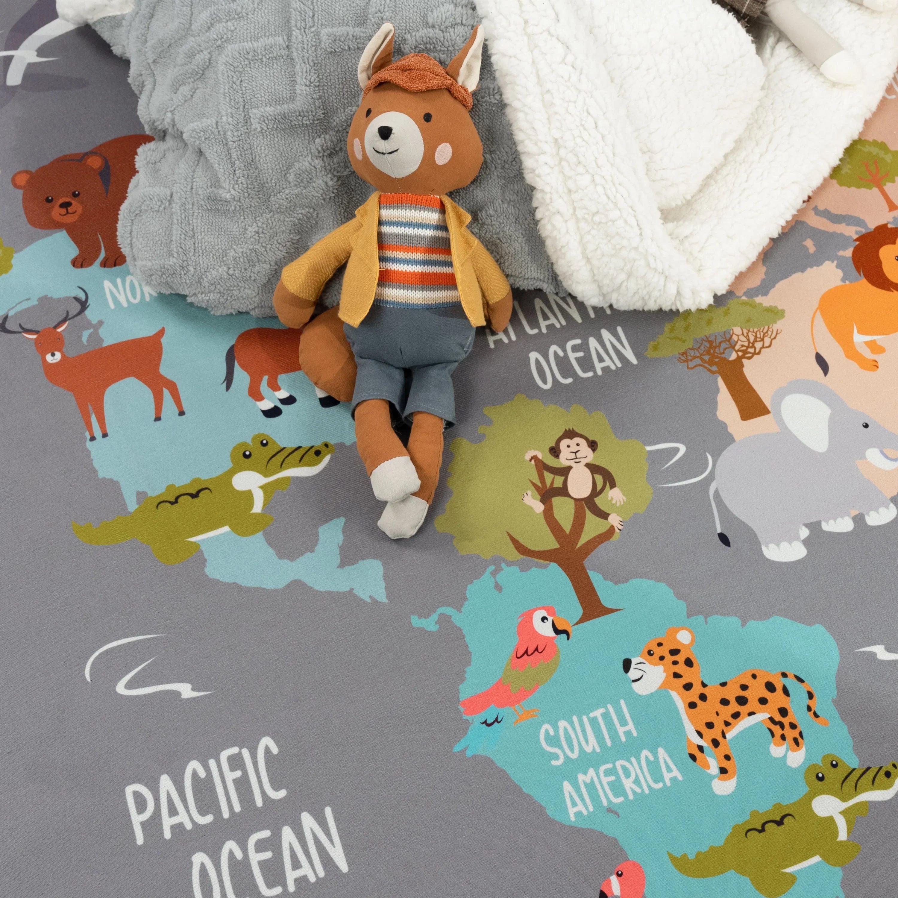 Play Mat Lilo Educational Kids Rug with World Map & Animals in Grey RugYourHome