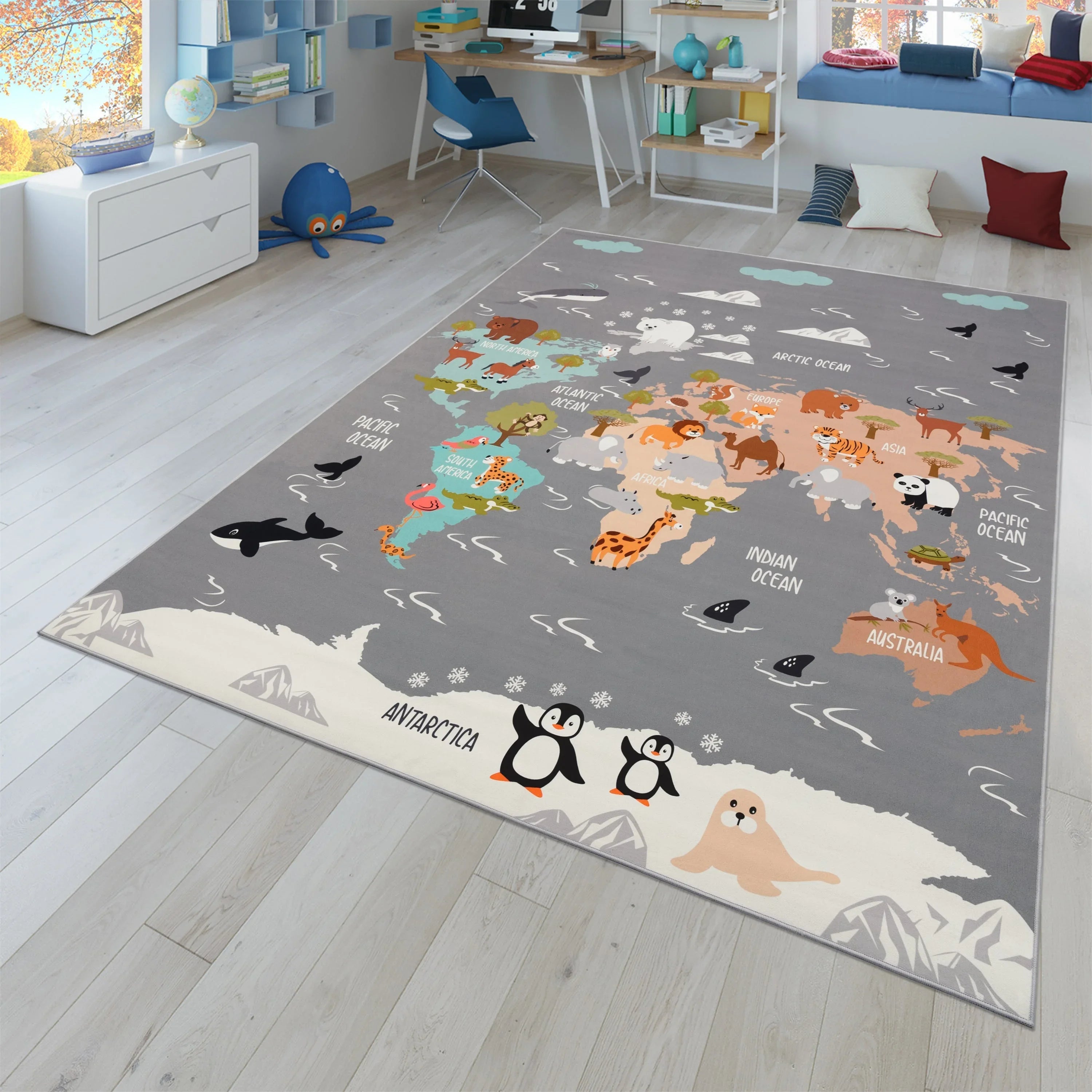 Play Mat Lilo Educational Kids Rug with World Map & Animals in Grey RugYourHome