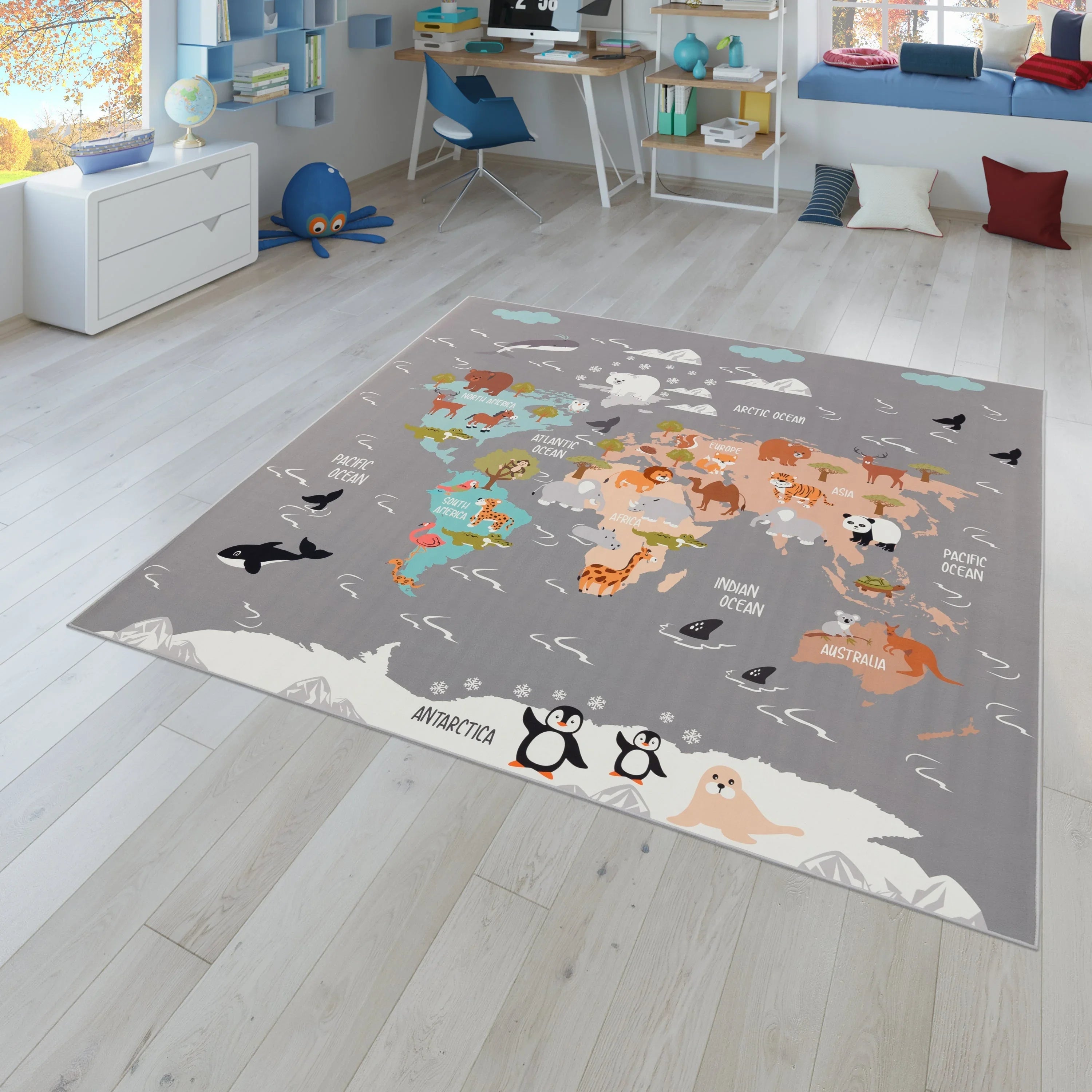 Play Mat Lilo Educational Kids Rug with World Map & Animals in Grey RugYourHome