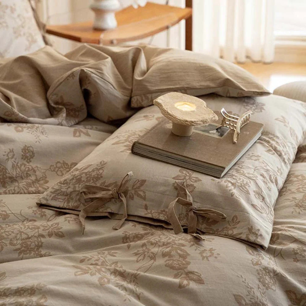 Bonnie Ribbon Bow Tie Floral Bedding Set / Khaki Ever Lasting