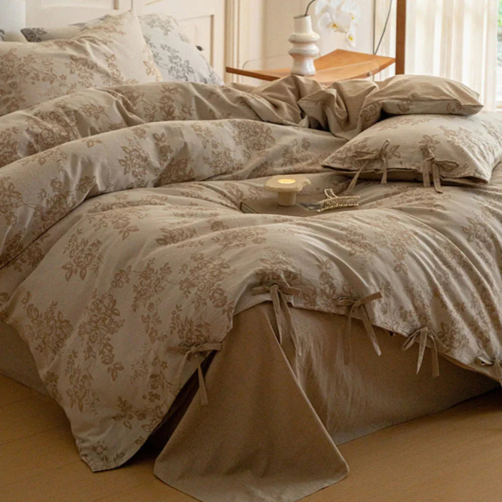 Bonnie Ribbon Bow Tie Floral Bedding Set / Khaki Ever Lasting