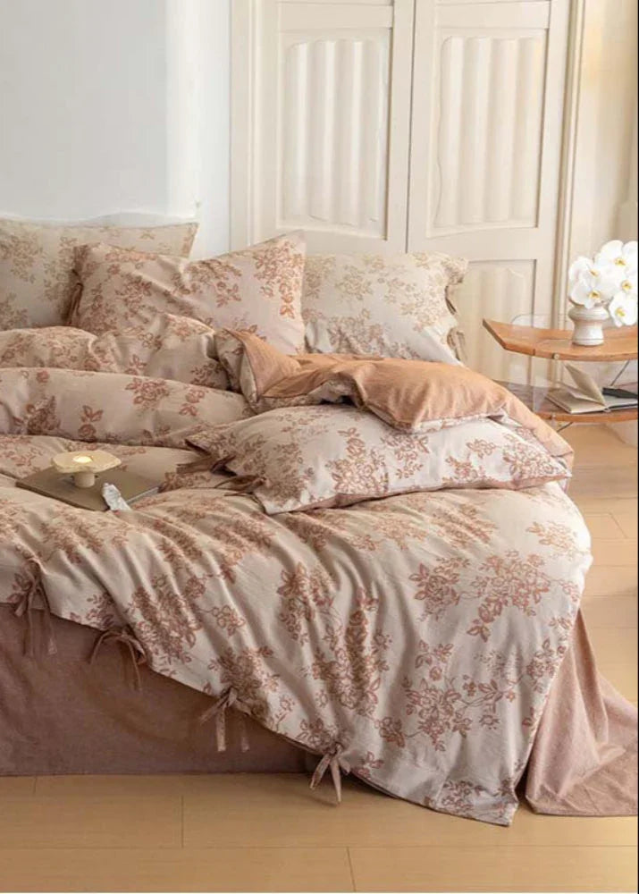 Bonnie Ribbon Bow Tie Floral Bedding Set / Khaki Ever Lasting