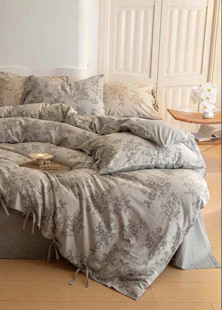 Bonnie Ribbon Bow Tie Floral Bedding Set / Khaki Ever Lasting