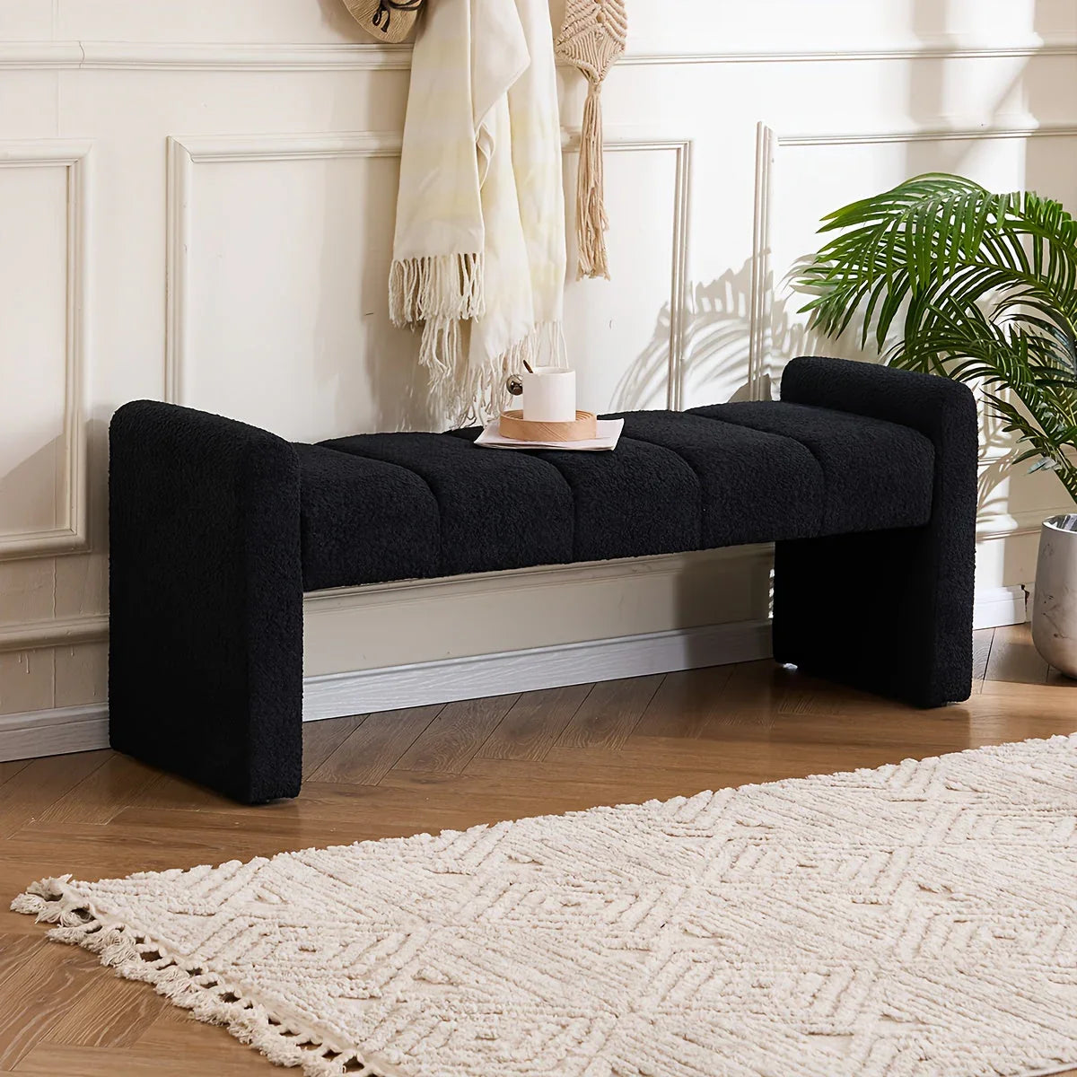 Modern Boucle End of Bed Bench - Extra Long 54" Bedroom Ottoman with Arm, Sturdy Hardwood Frame, Space-Saving Design for Living Room, Hallway, Bedroom - No Assembly Required, Matte Black Finish, Bench for Bedroom, Cozy Seatin House Of Avana