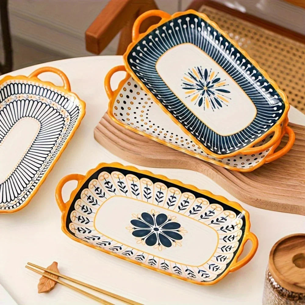Set of 4 Hand-Painted Creative Ceramic Plates with Handles - House Of Avana
