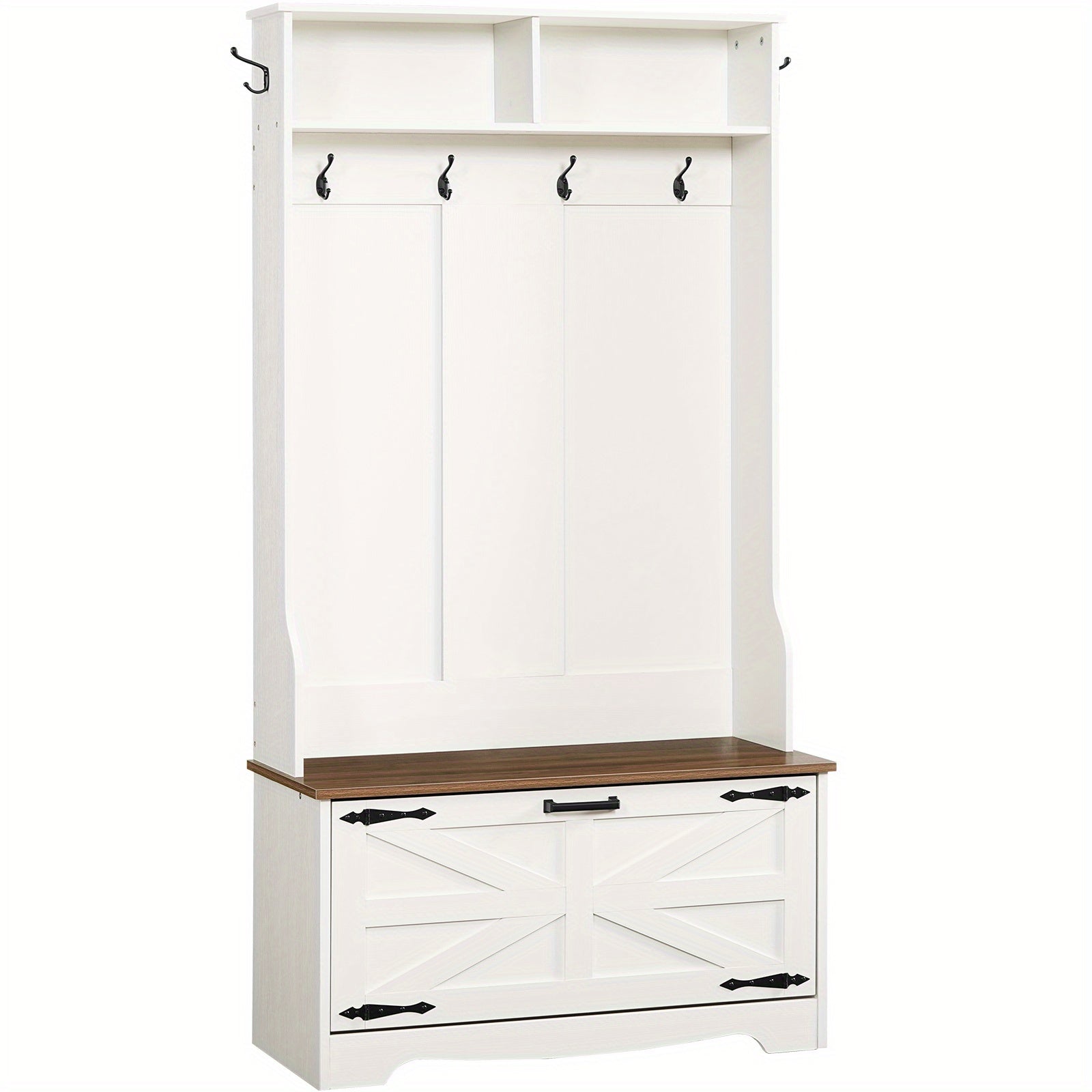 Entryway Bench with Coat Rack and Shoe Cabinet, Hall Tree with Bench, Flip Drawers, Farmhouse Hall Tree with Shoe Organizer, Mud Room, White and Walnut House Of Avana