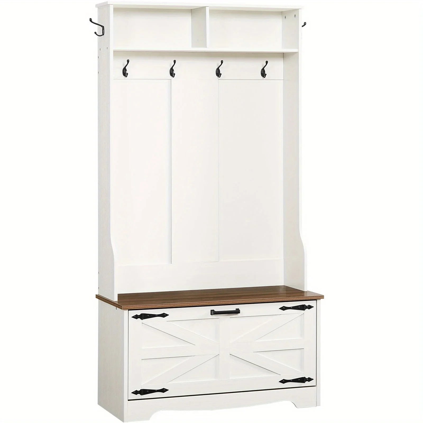 Entryway Bench with Coat Rack and Shoe Cabinet, Hall Tree with Bench, Flip Drawers, Farmhouse Hall Tree with Shoe Organizer, Mud Room, White and Walnut House Of Avana