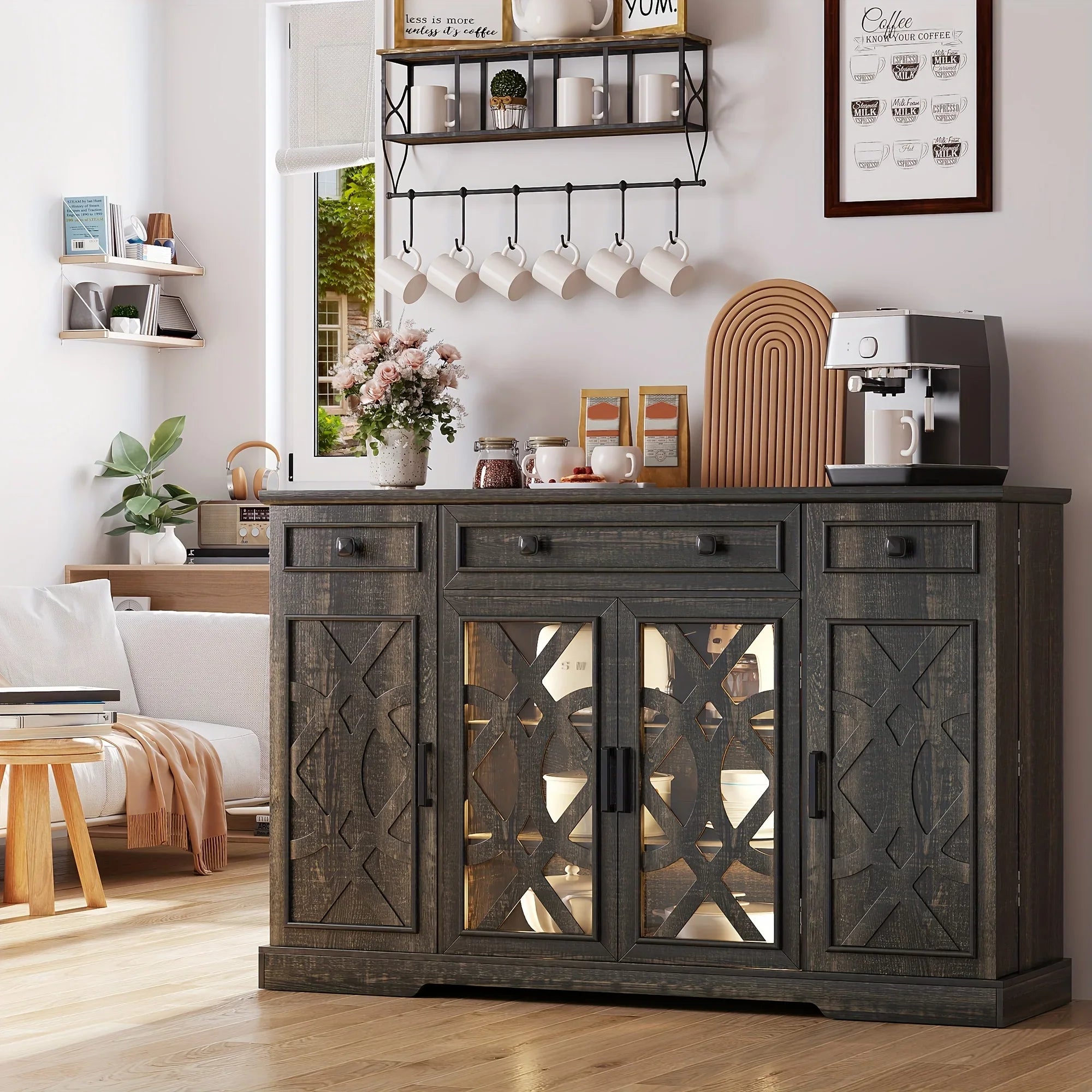 Wooden sideboard with glass doors in a living room setting