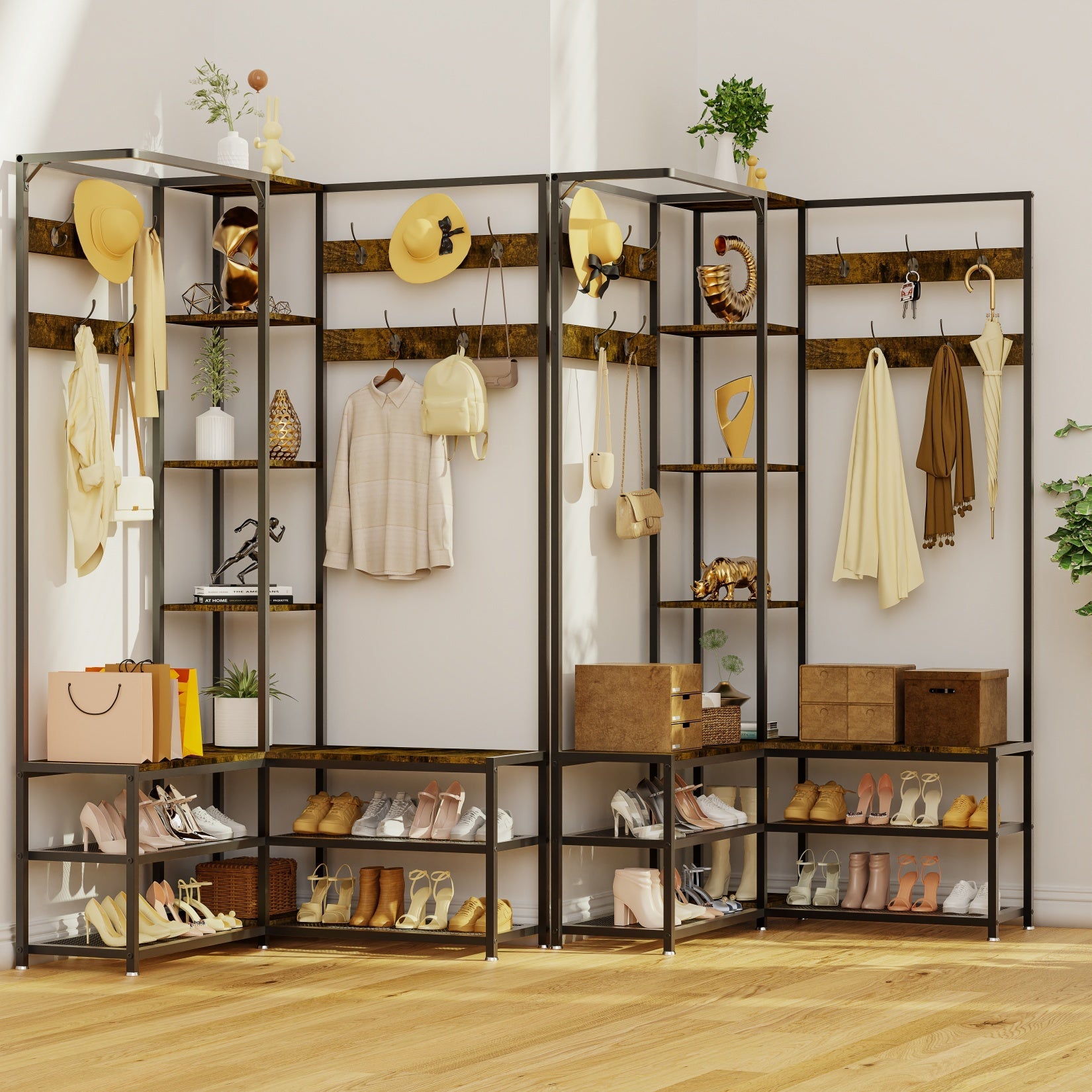178.5cm H Coat Rack Shoe Bench: Industrial Corner Coat Stand with Shoe Rack Storage Bench for Entryway, Coat Rack Stand with 10 Hooks for Living Room, Bedroom, Rustic Brown House Of Avana