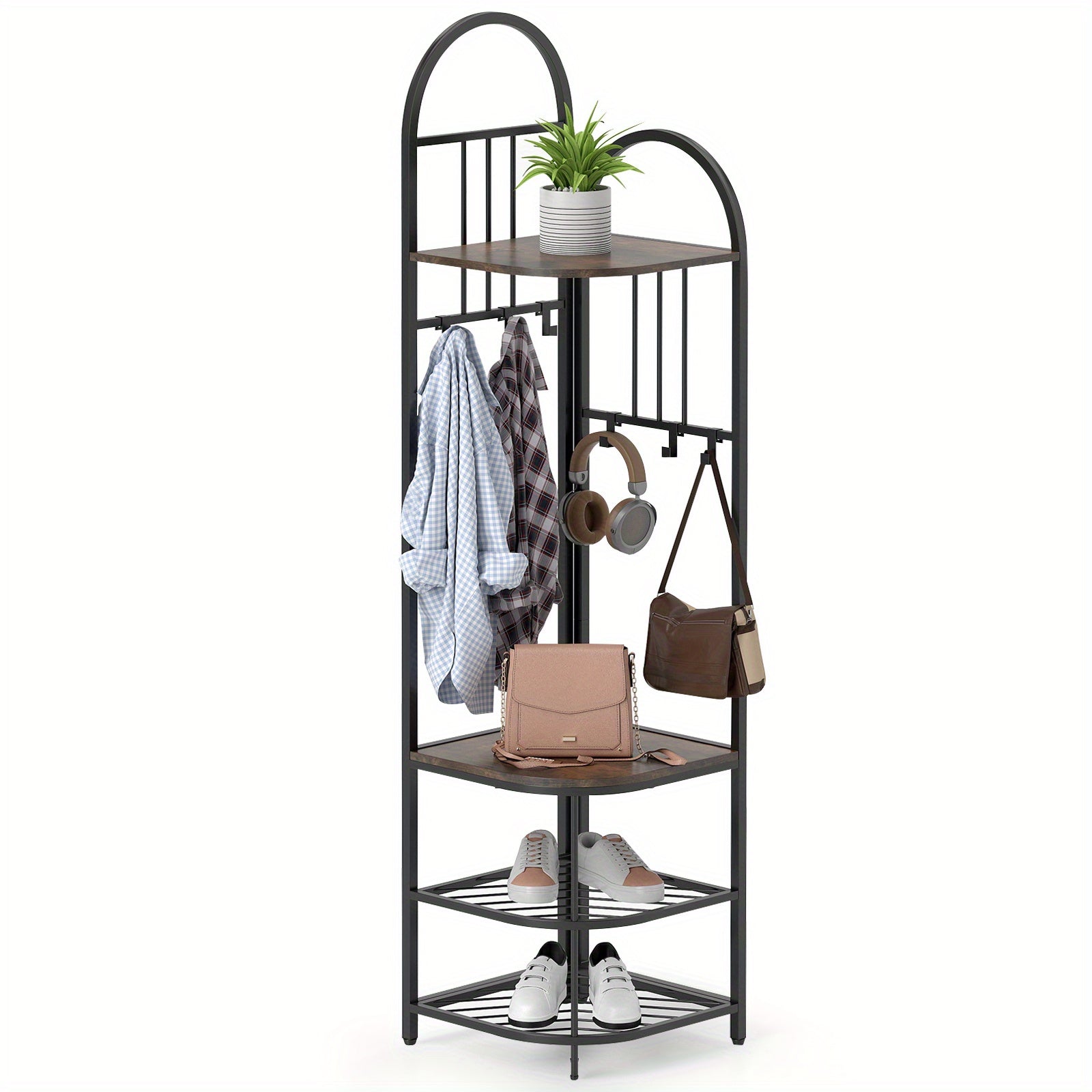ERGOMASTER 4-in-1 Entryway Organizer: 180cm Tall Corner Coat Rack with Shoe Bench, 2-Tier Mesh Shoe Storage & 6 Removable Hooks - Space-Saving Hall Tree for Home or Retail Stores, Rustic Brown (Engineered Wood & Metal), Powde House Of Avana