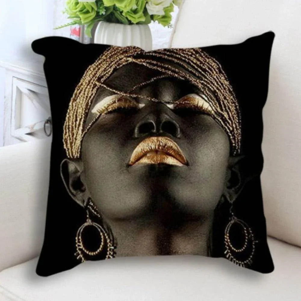 Abstract Black Gold Woman Face Print Cushion Cover - House Of Avana