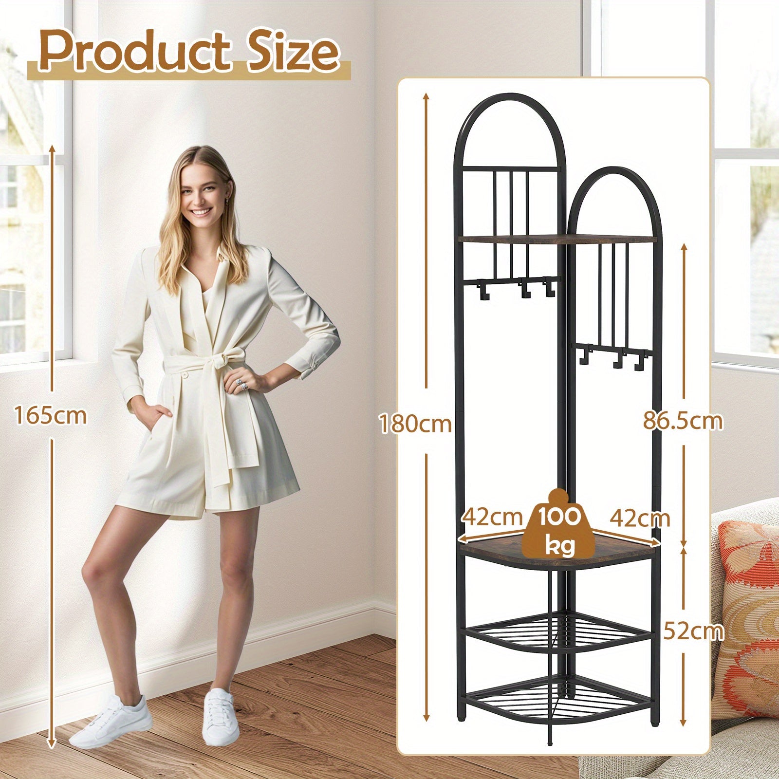 ERGOMASTER 4-in-1 Entryway Organizer: 180cm Tall Corner Coat Rack with Shoe Bench, 2-Tier Mesh Shoe Storage & 6 Removable Hooks - Space-Saving Hall Tree for Home or Retail Stores, Rustic Brown (Engineered Wood & Metal), Powde House Of Avana