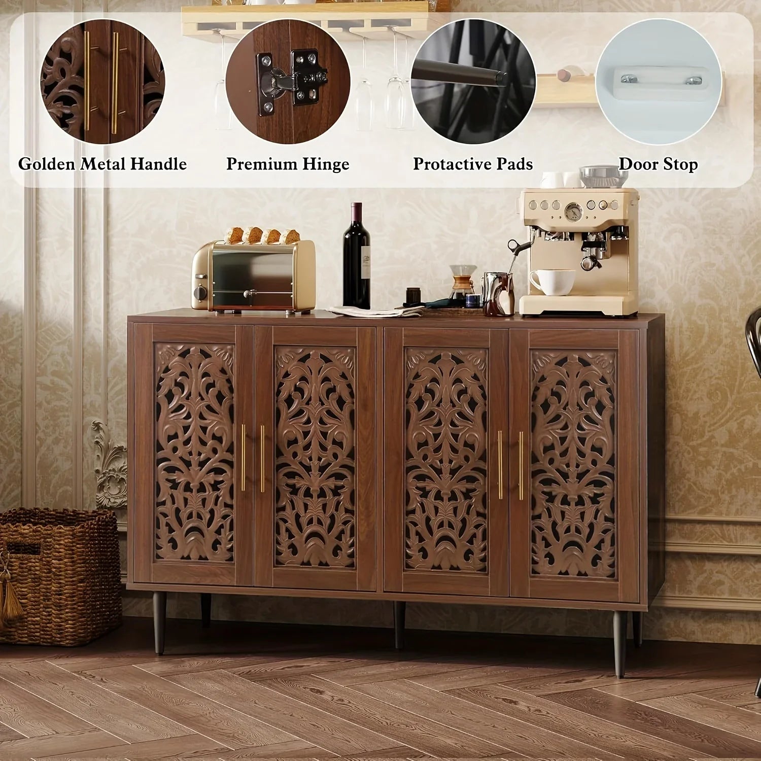 Wooden cabinet with decorative carvings on doors, featuring close-ups of hardware components.