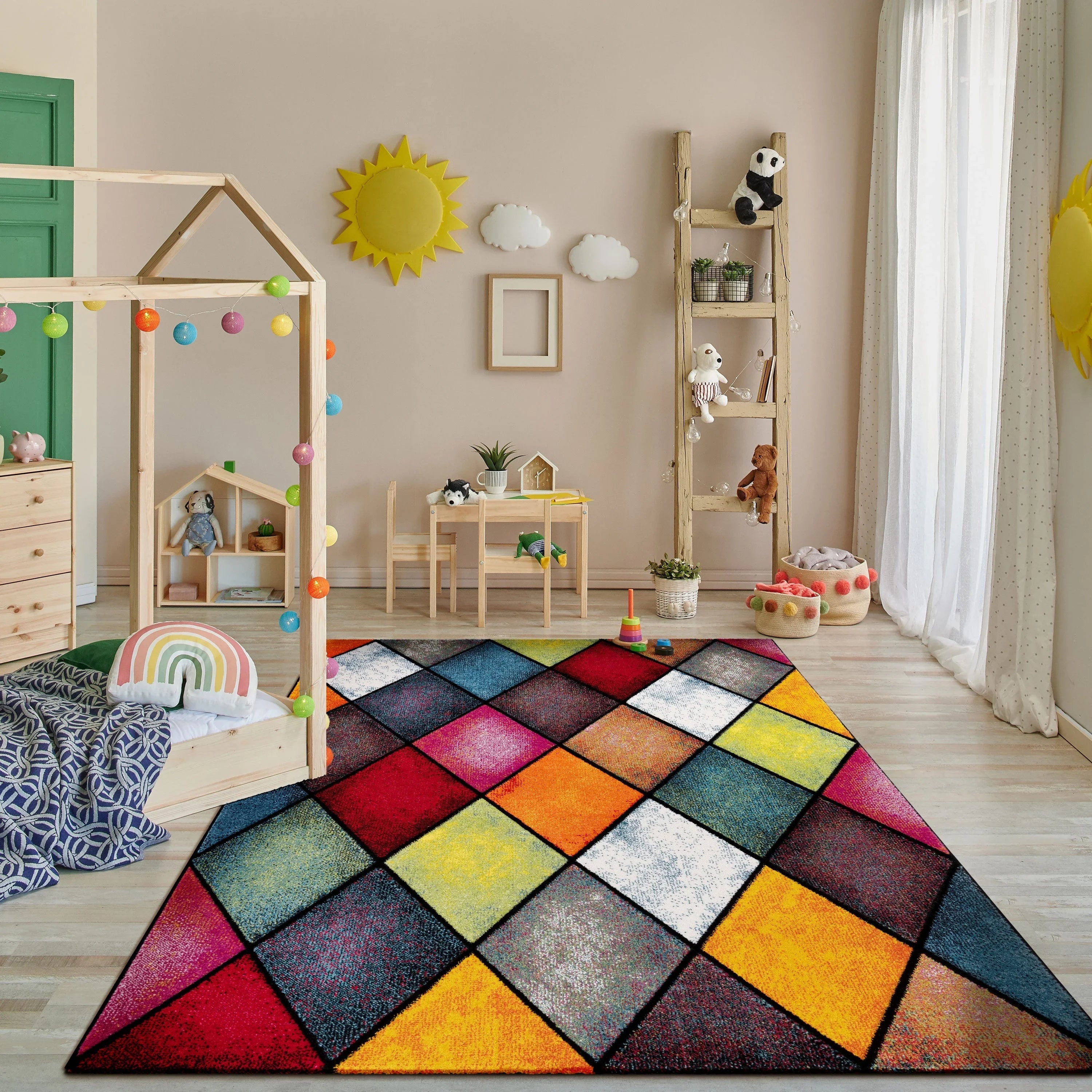 Colorful Area Rug Smaragd Checkered With Multicolor Diamonds RugYourHome