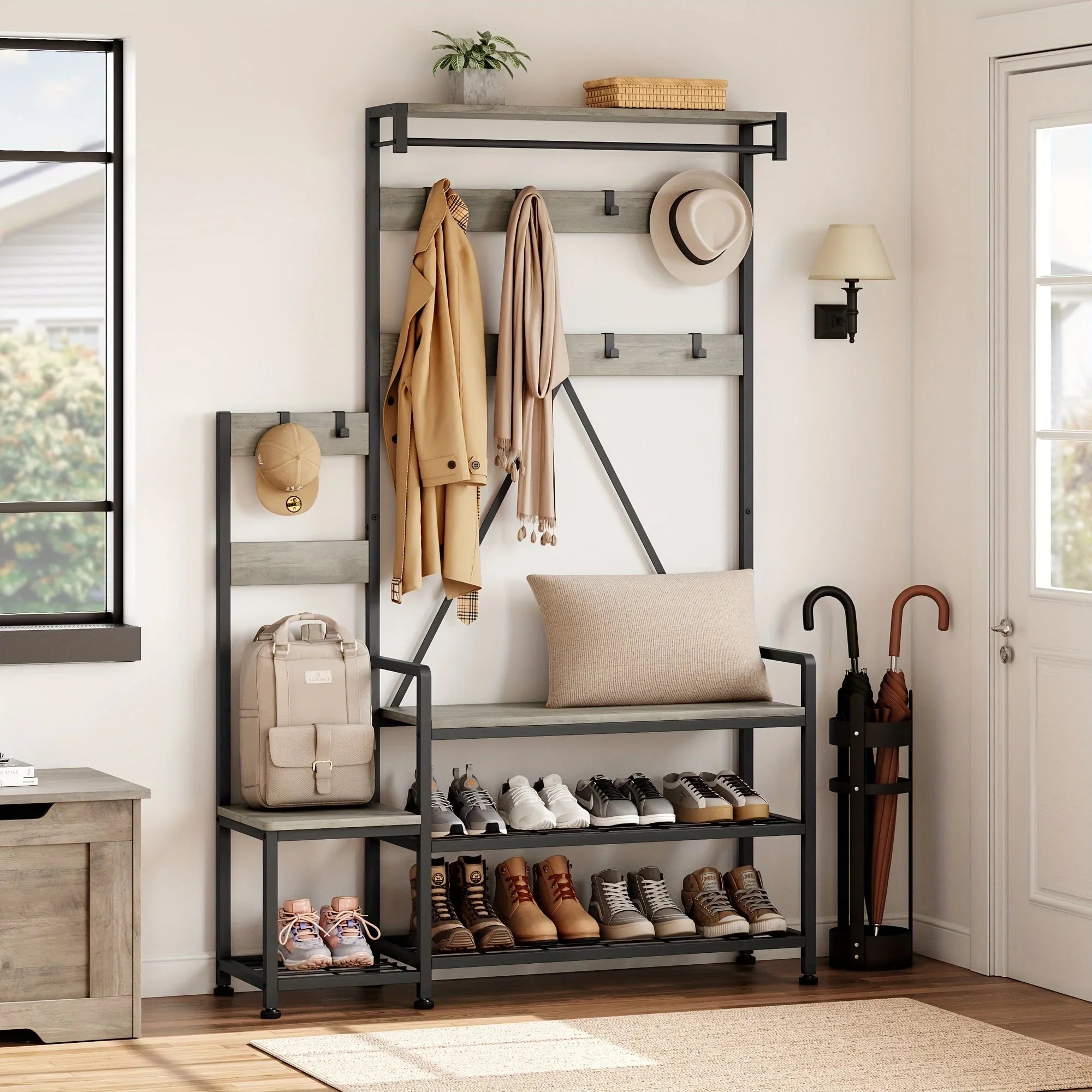 Industrial Hall Tree with Bench & Shoe Storage House Of Avana