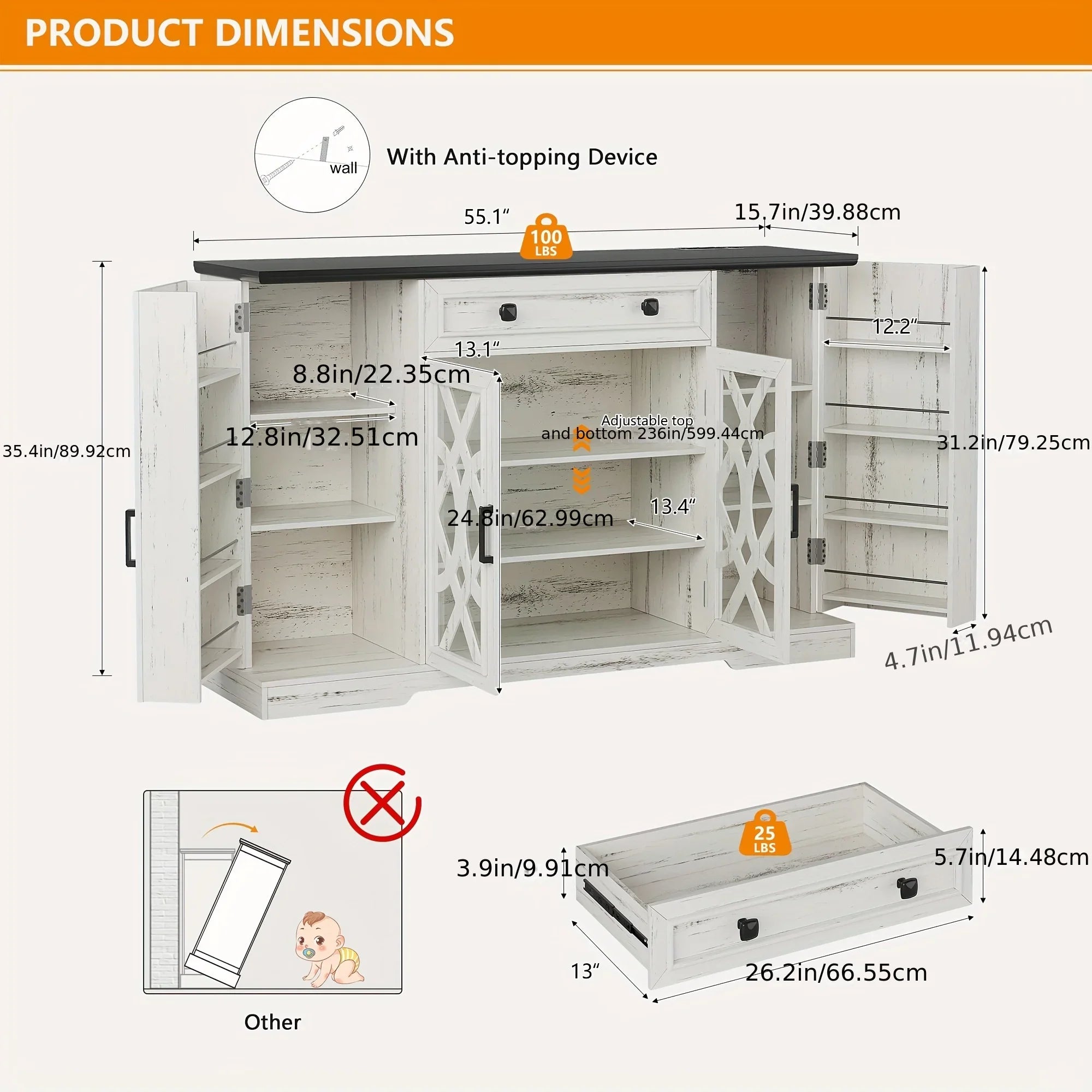 Wooden cabinet with dimensions and safety features highlighted
