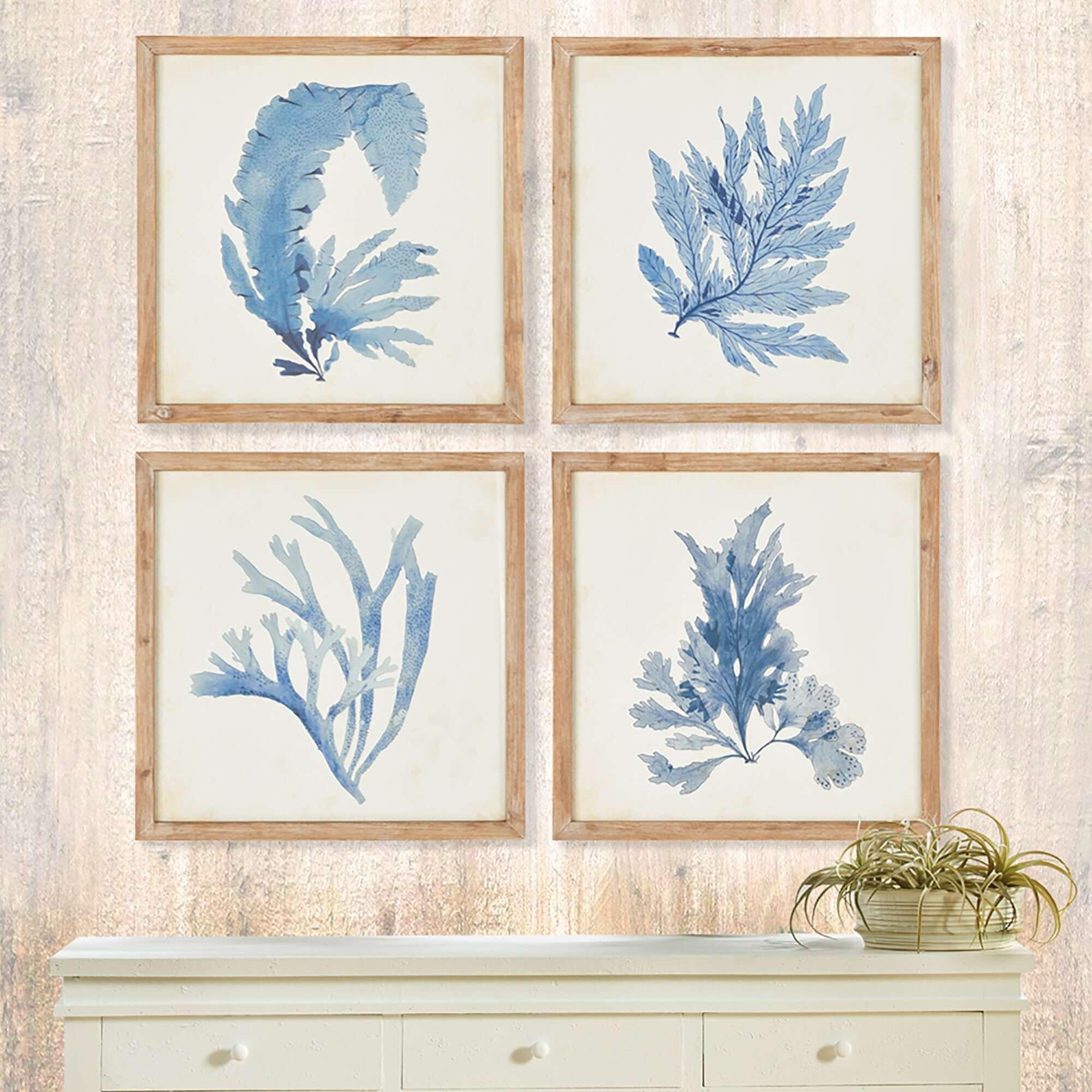 Vintage Coastal Blue Coral Prints with Whitewashed Wood Frames (Set of 4) Vintage Shopper