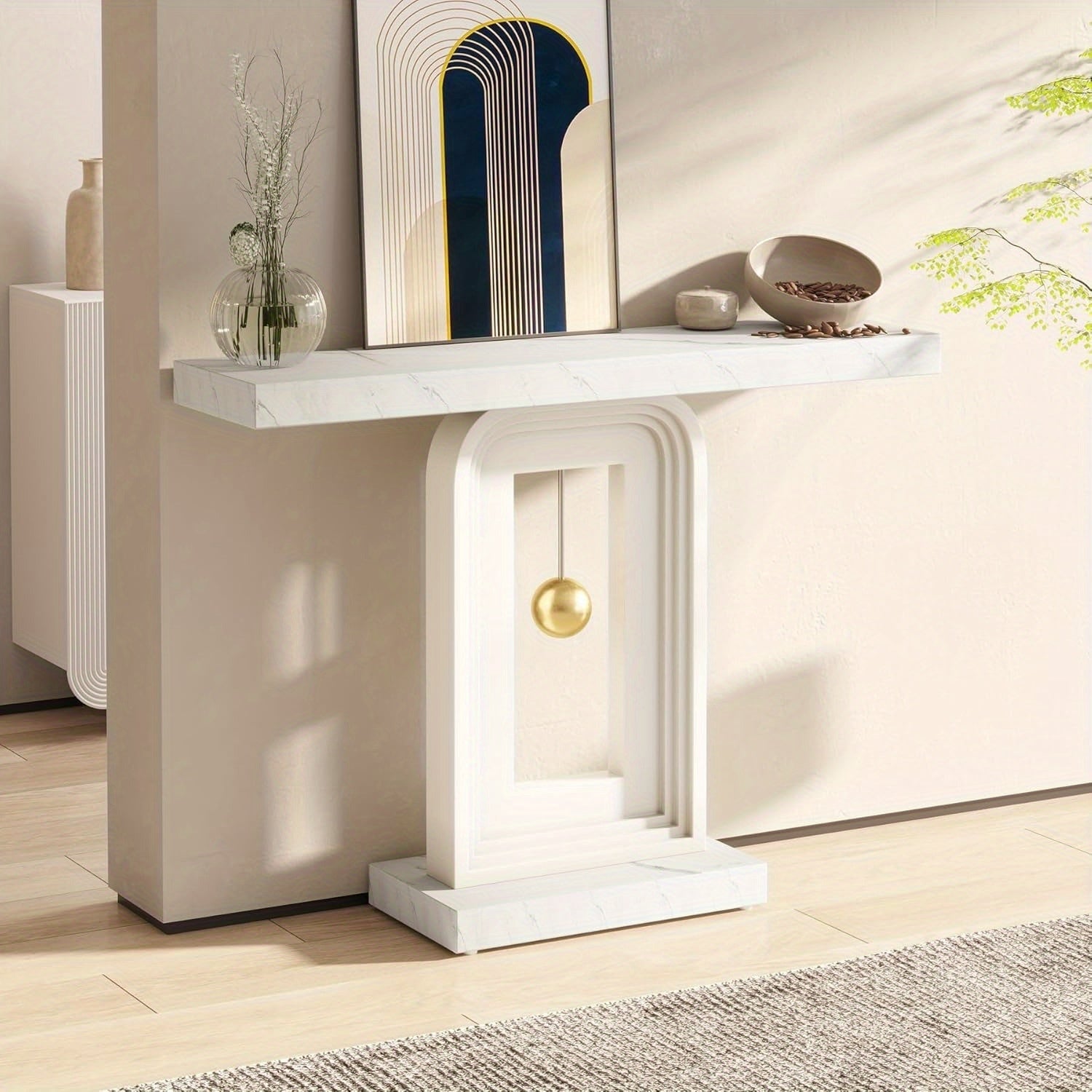 40" Modern Console Table with Geometric Base & Faux Marble Top, Narrow Sofa Entryway Table for Living Room, Hallway, or Entrance, Durable MDF Board Construction, Minimalist Design, White Gloss Finish, Living Room Table House Of Avana