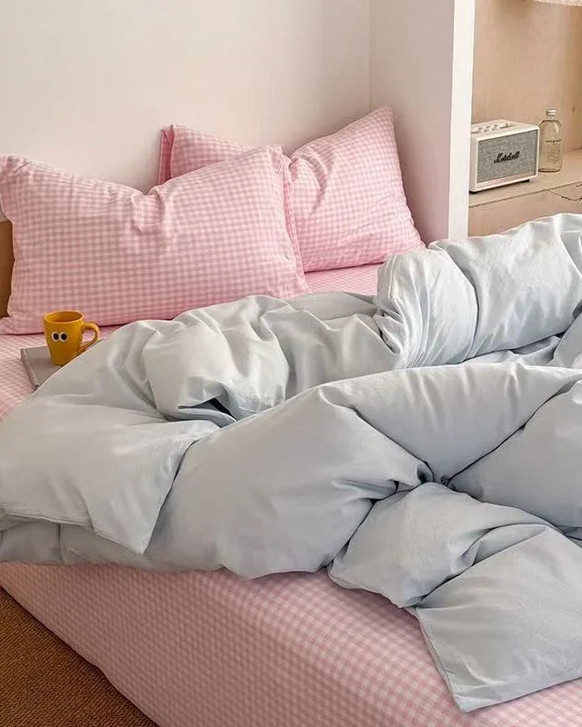 Chloe Pastel Candy Cotton Bedding Set / Purple Plaid Ever Lasting