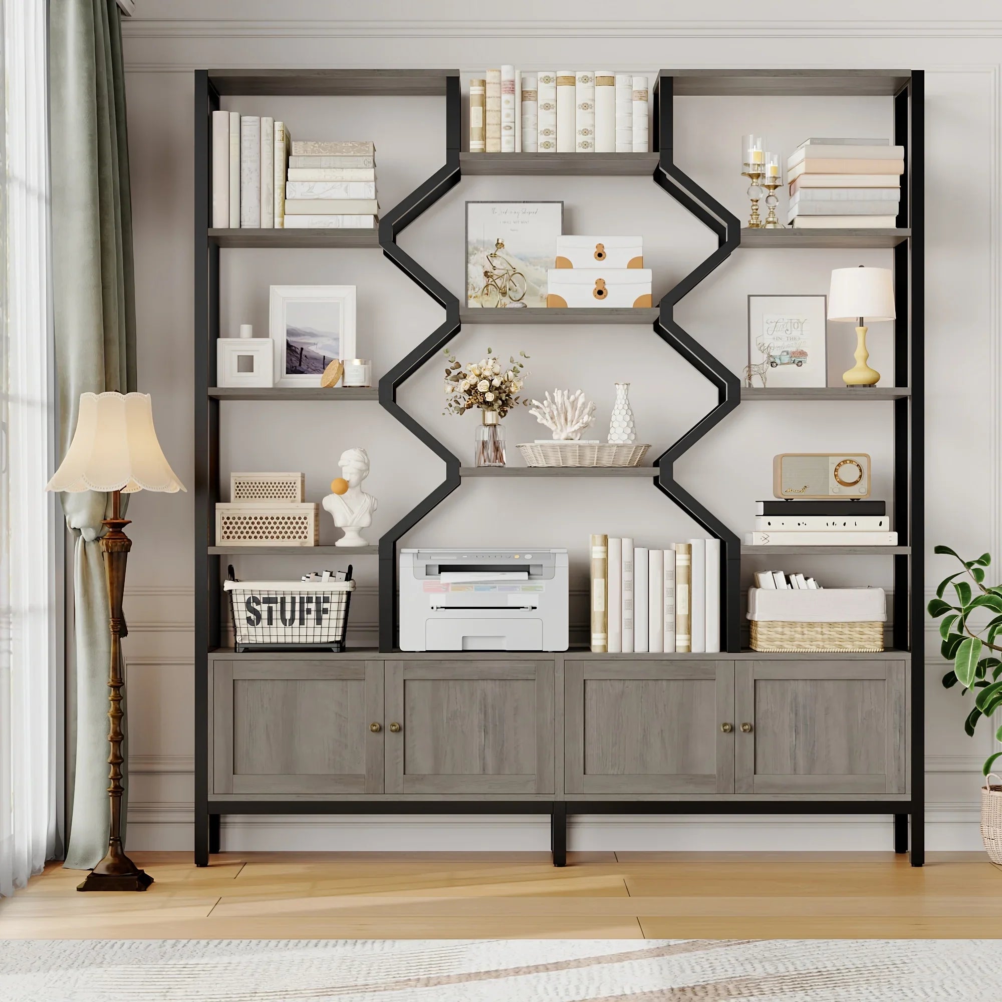 76.5" H X 74.2" W Industrial Bookshelf with 4 Large Storage Cabinet Shelves, 5-Tier Heavy Duty Wood & Metal Display Book Shelf, Large Etagere Bookcase, Floor to Ceiling Bookshelves/Room Divider for Wall/Library/Office/Living House Of Avana