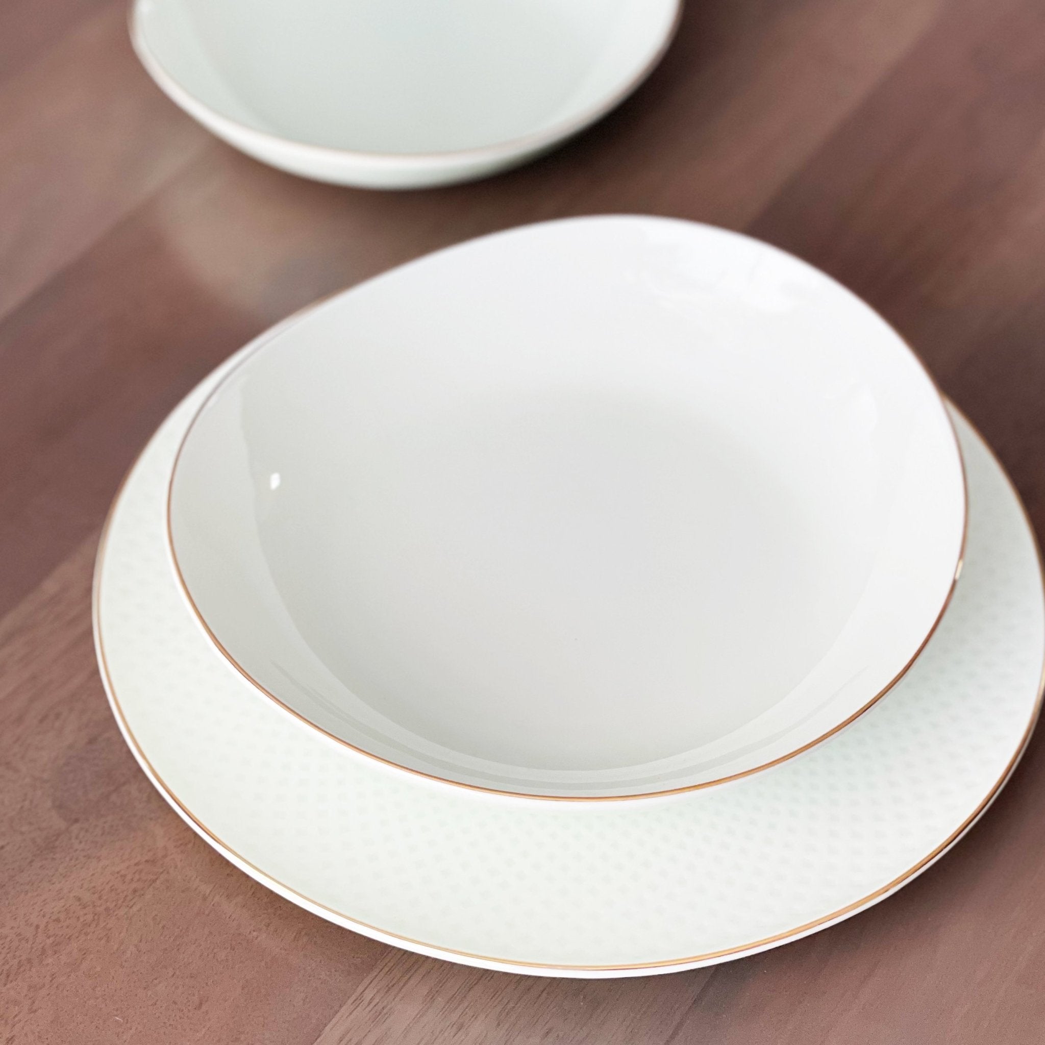 Camille Bone China Dinnerware Set - White/Pistachio Tea + Linen