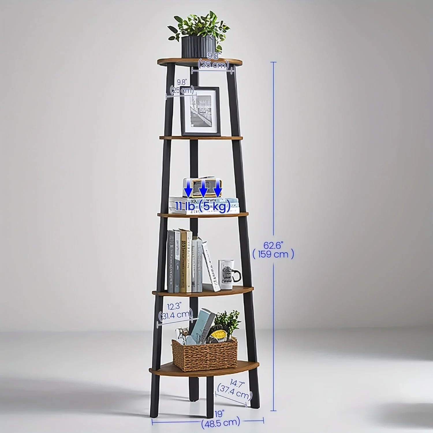 5-Tier Corner Shelf Stand - Rustic Wood & Black Metal Frame, Narrow Freestanding Design for Living Room, Bedroom, or Study - Maximize Space with Stylish Display Shelves, Preppy Room Decor House Of Avana