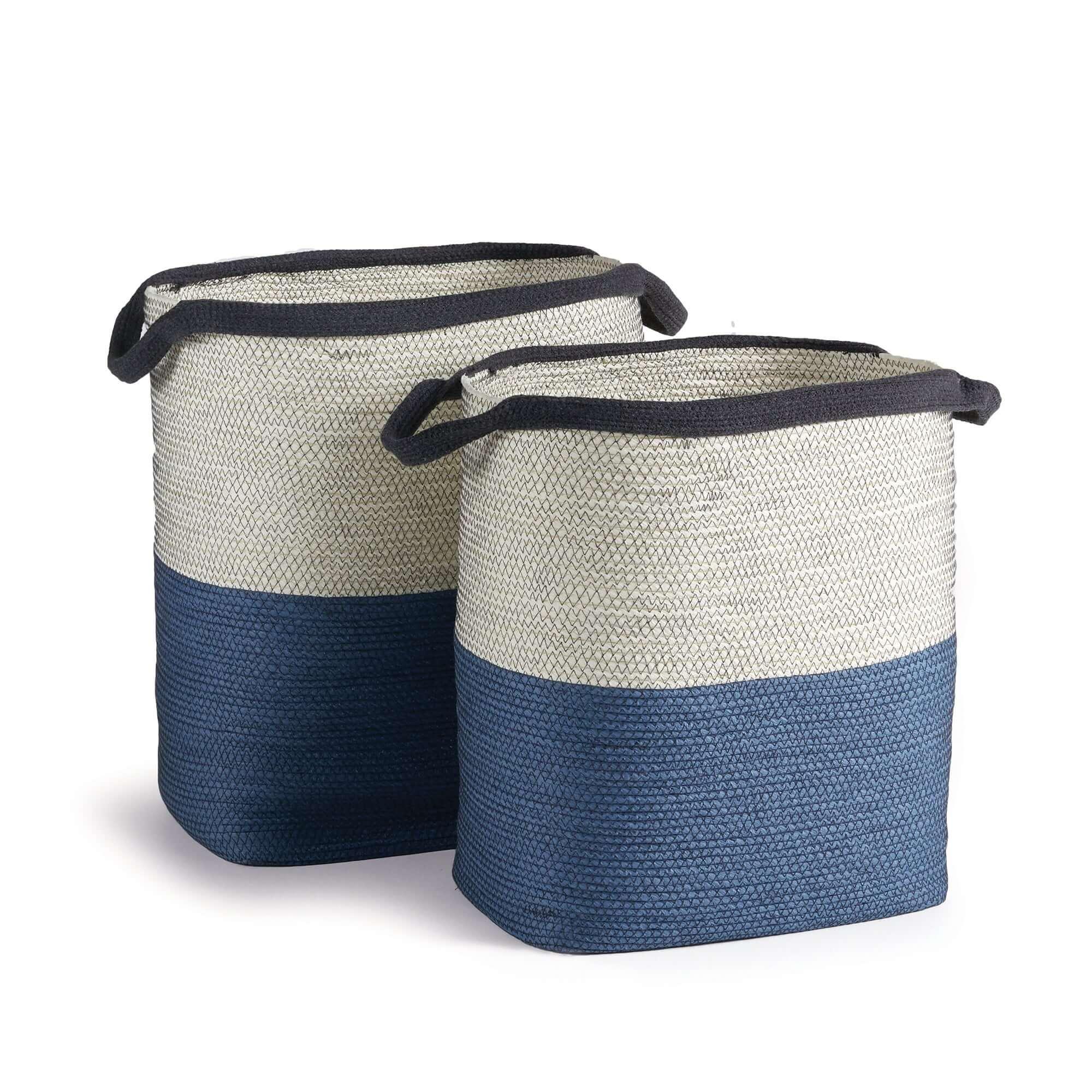 Coastal Blue and Natural Woven Storage Baskets with Handles (Set of 2) Vintage Shopper