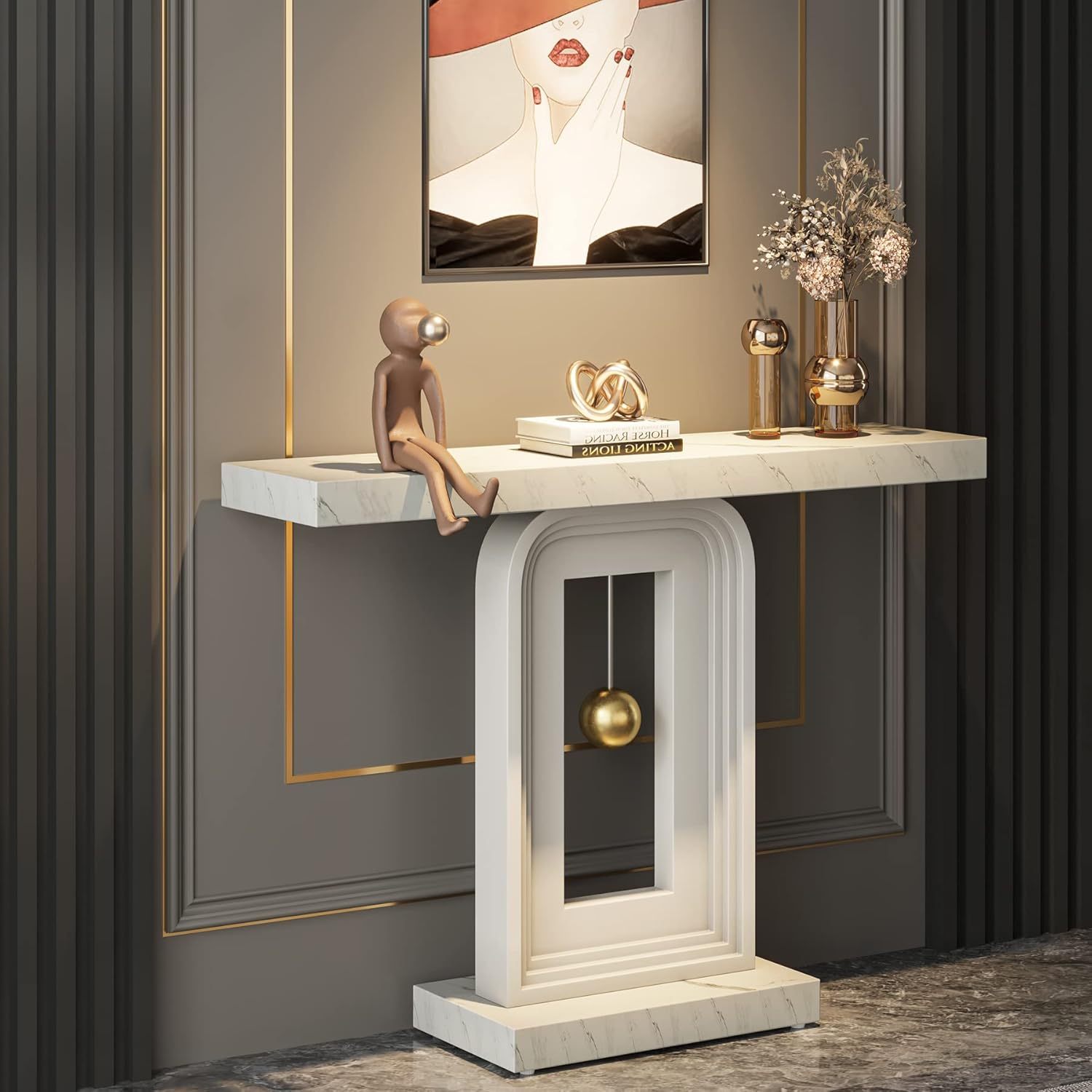 40" Modern Console Table with Geometric Base & Faux Marble Top, Narrow Sofa Entryway Table for Living Room, Hallway, or Entrance, Durable MDF Board Construction, Minimalist Design, White Gloss Finish, Living Room Table House Of Avana