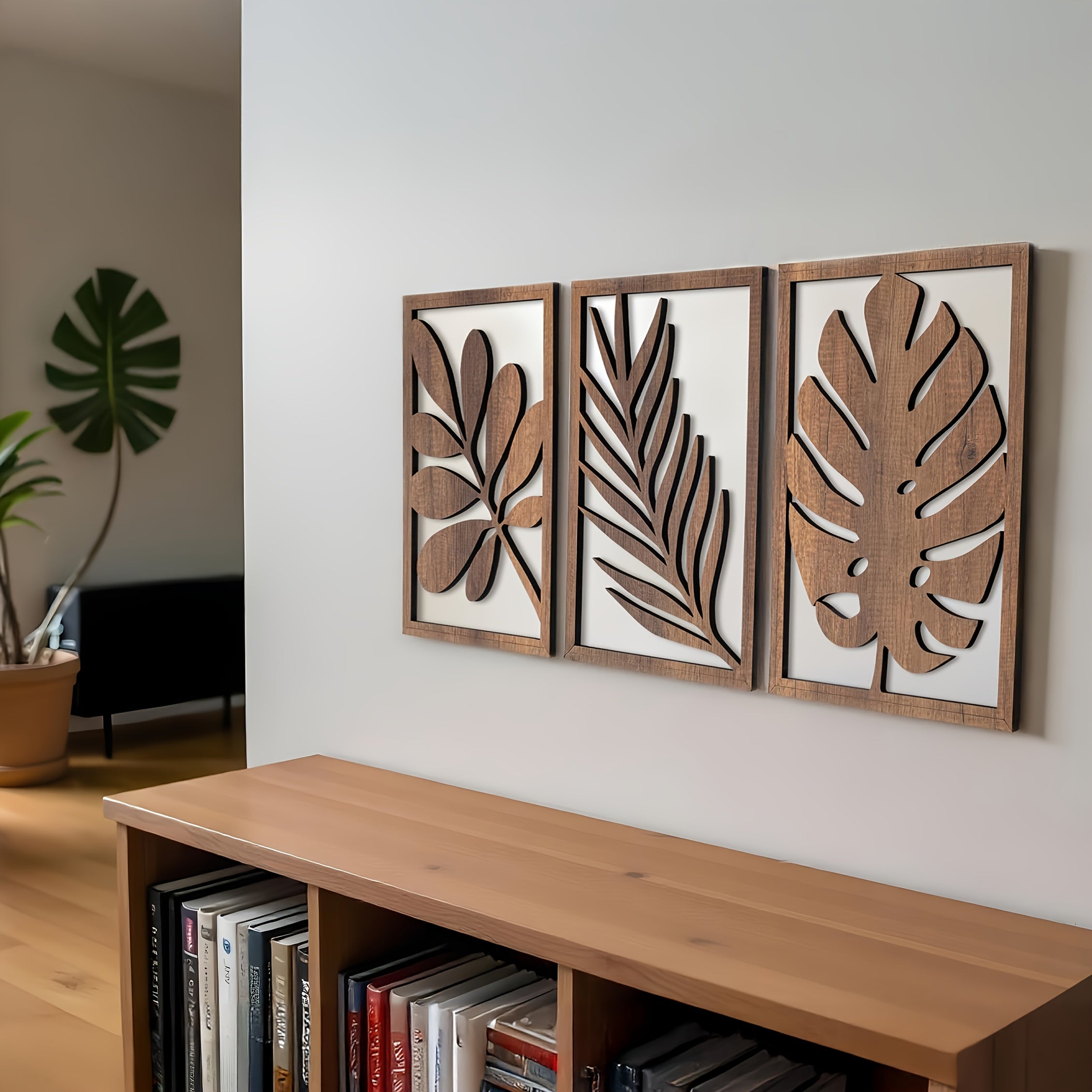 2D Flat, Set of 3 Rustic Flat Wall Sculptures - Wooden Turtleback Bamboo Palm Leaves Wall Hanging Decoration, Rectangular Wall Decor Wooden Crafts - Vintage Home Decor Large Leaf Wall Arts for Living Room, Bedroom, and Office House Of Avana