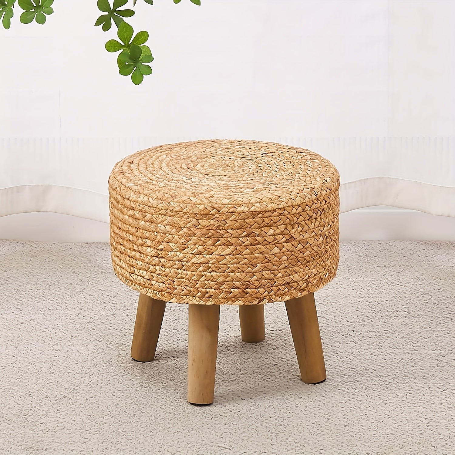 Round Ottoman Natural Seagrass Footstool Hand Weave Water Hyacinth Poufs Sofa Foot Stool Soft Step Stool Padded Foot Rest With Pine Legs For Living Room House Of Avana