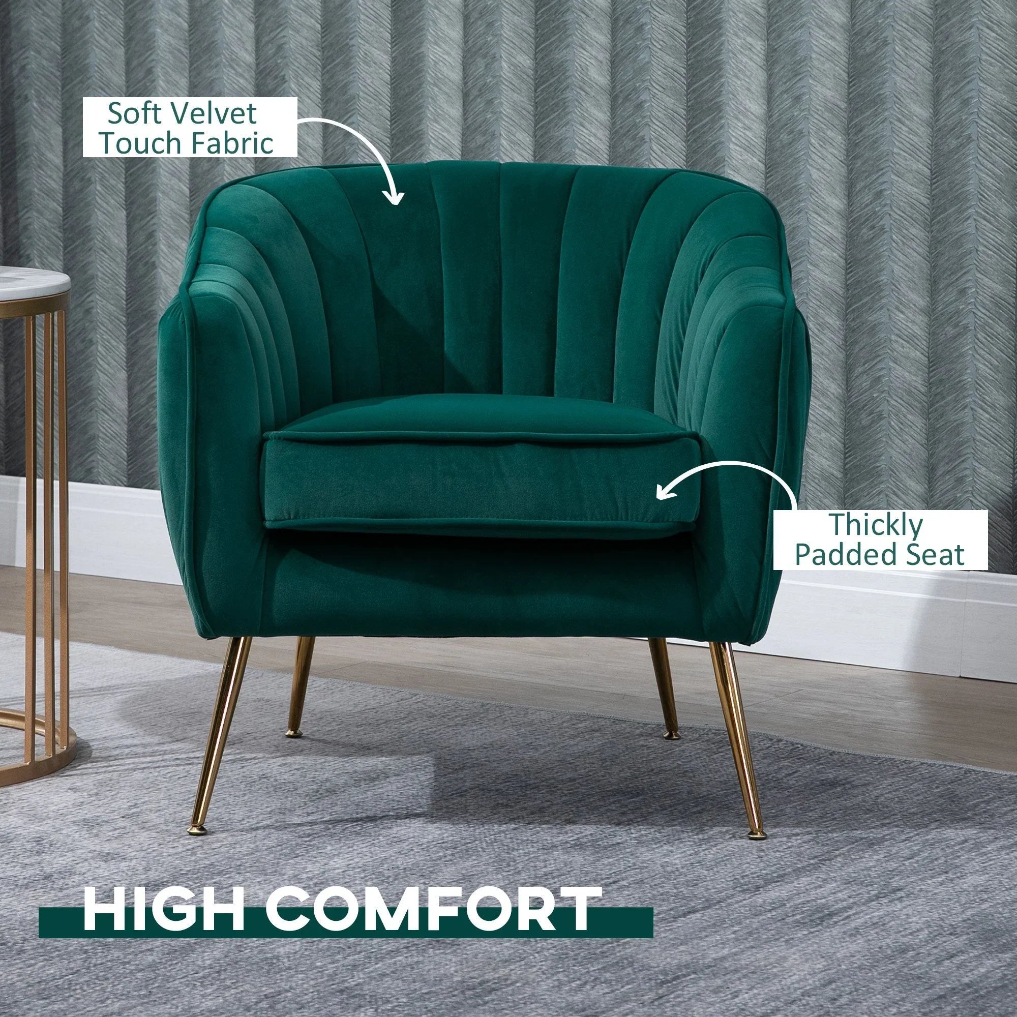Velvet Tub chair, Luxury Accent Chair with Golden Metal Leg, Comfy Upholstered Armchair with Thick Padded Seat for Living Room, Green House Of Avana