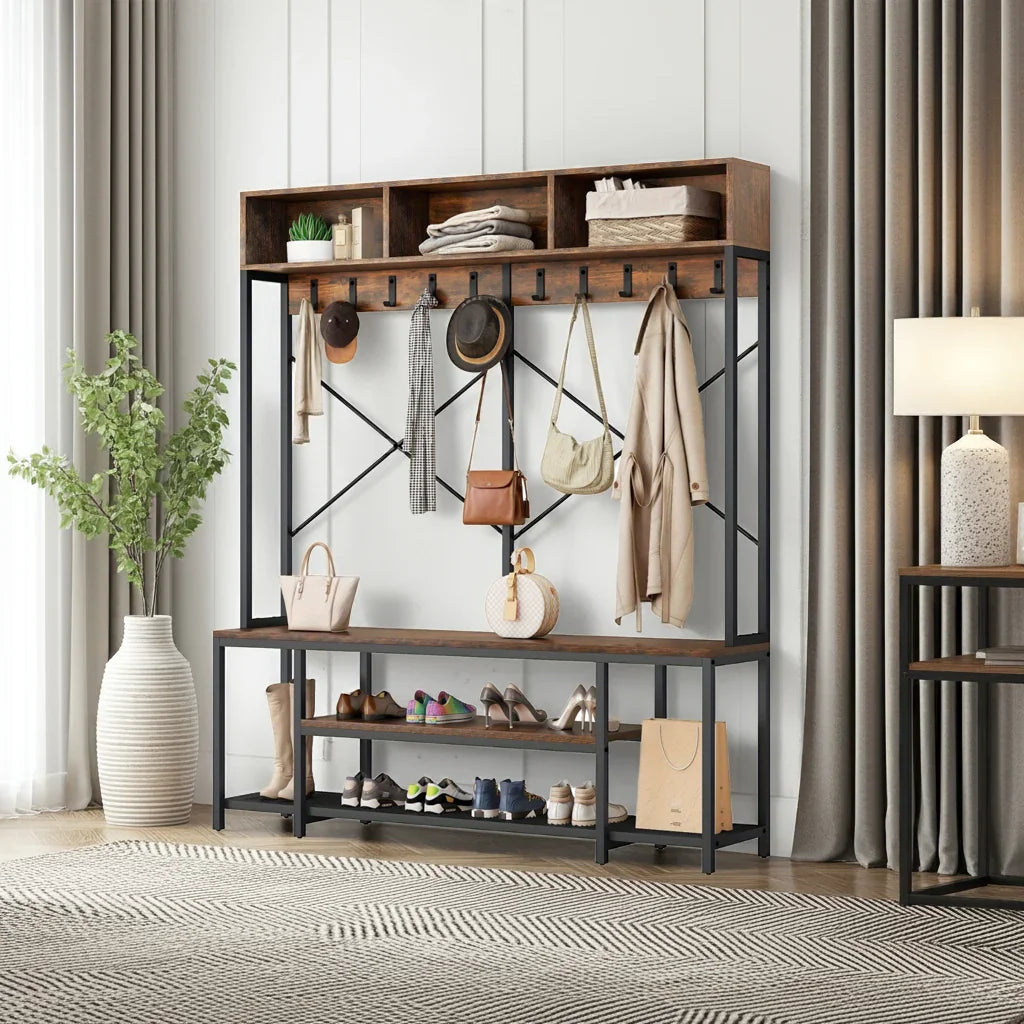 Brown Entryway Bench with Coat Rack & Shoe Storage House Of Avana