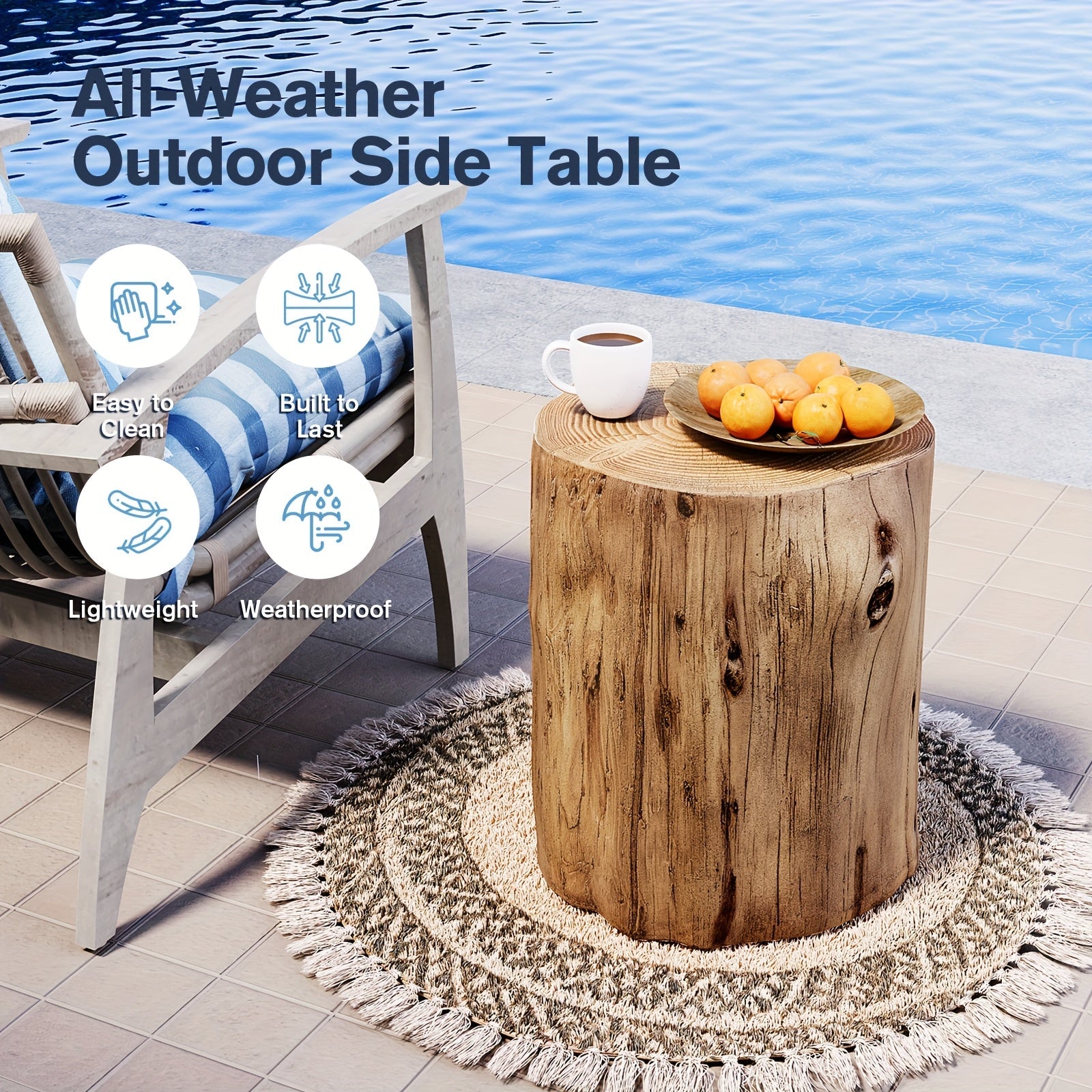 All-Weather Outdoor Stump Side Table - Multi-Functional Brown Faux Wood Accent Table with Concrete Top & Artificial Wood Base, 220lb Weight Capacity, Lightweight & Sturdy Modern Farmhouse Design for Patio, Porch, Balcony, Liv House Of Avana