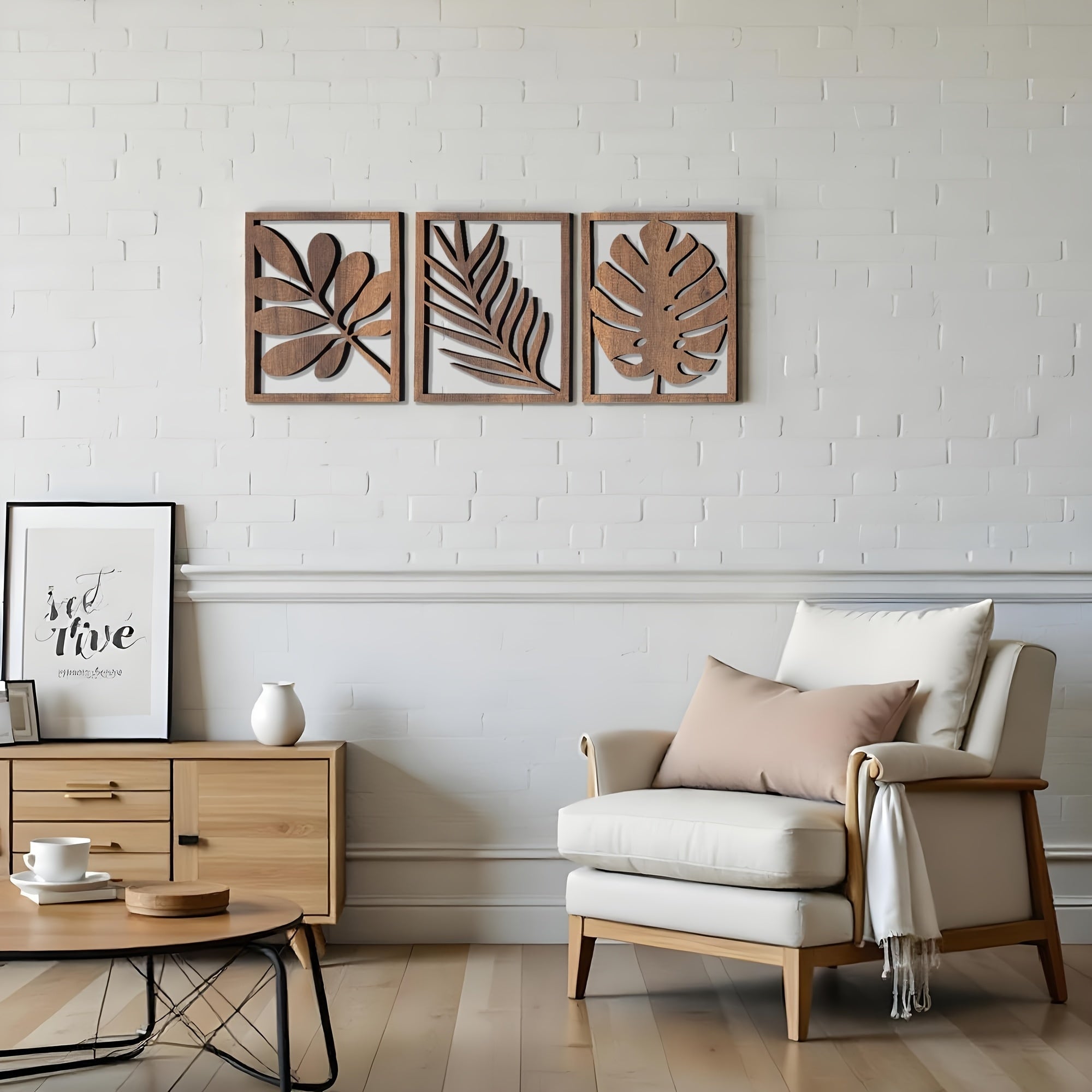 2D Flat, Set of 3 Rustic Flat Wall Sculptures - Wooden Turtleback Bamboo Palm Leaves Wall Hanging Decoration, Rectangular Wall Decor Wooden Crafts - Vintage Home Decor Large Leaf Wall Arts for Living Room, Bedroom, and Office House Of Avana