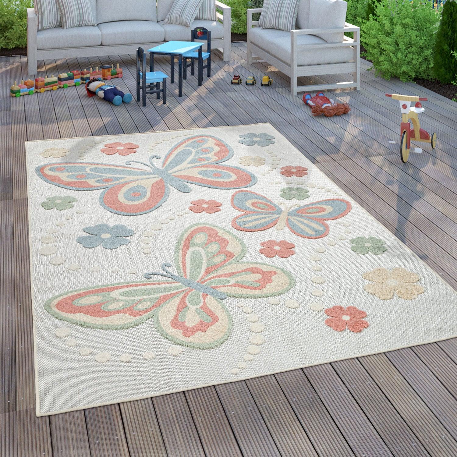 Kids Rug Tweet Colorful Playmat with Butterflies - Beige Cream RugYourHome