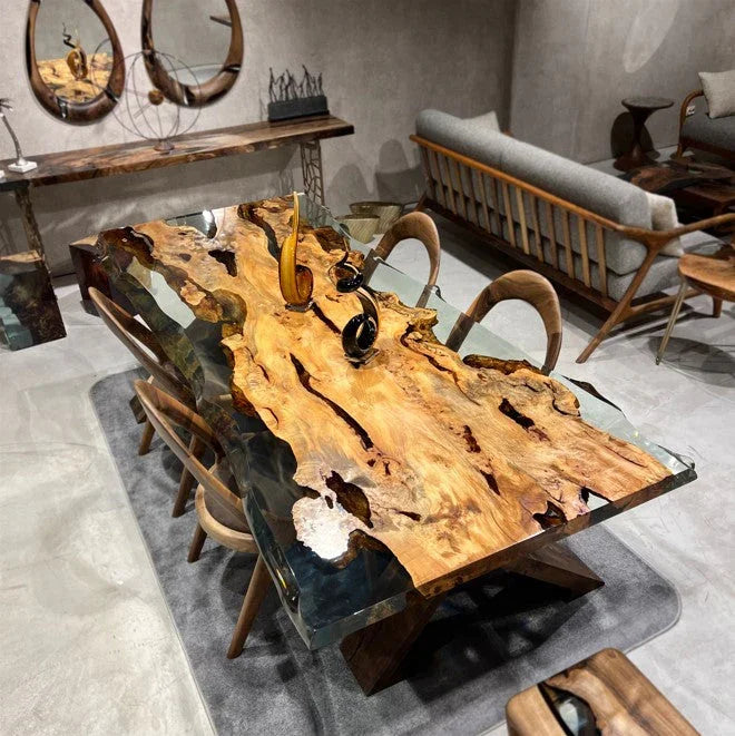 Solid Linden Wood Natural Look Epoxy Resin Side Dining Table Gizz