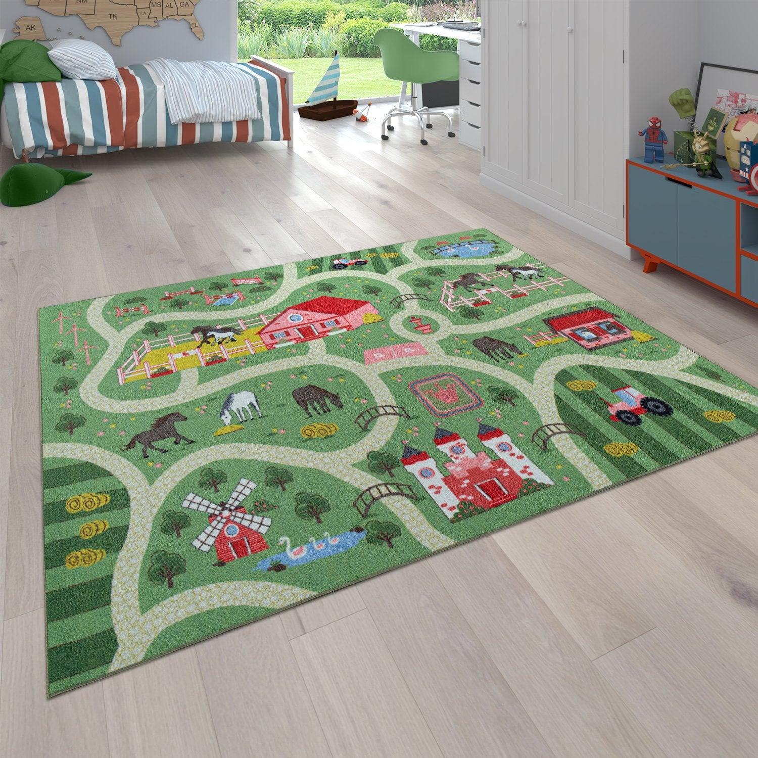 Play Rug for Kids Rooms, Landscape and Horses in green RugYourHome