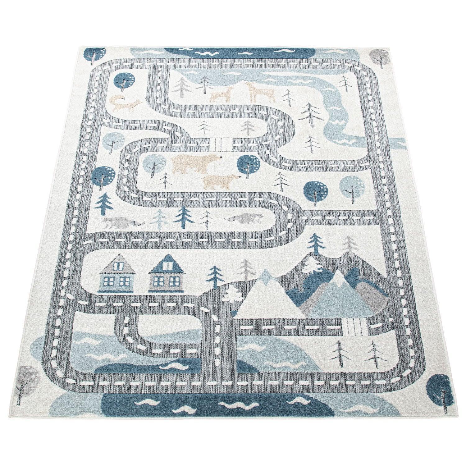 Road Traffic Kids Rug with Forest Animals and Sea Play Mat in muted Cream RugYourHome